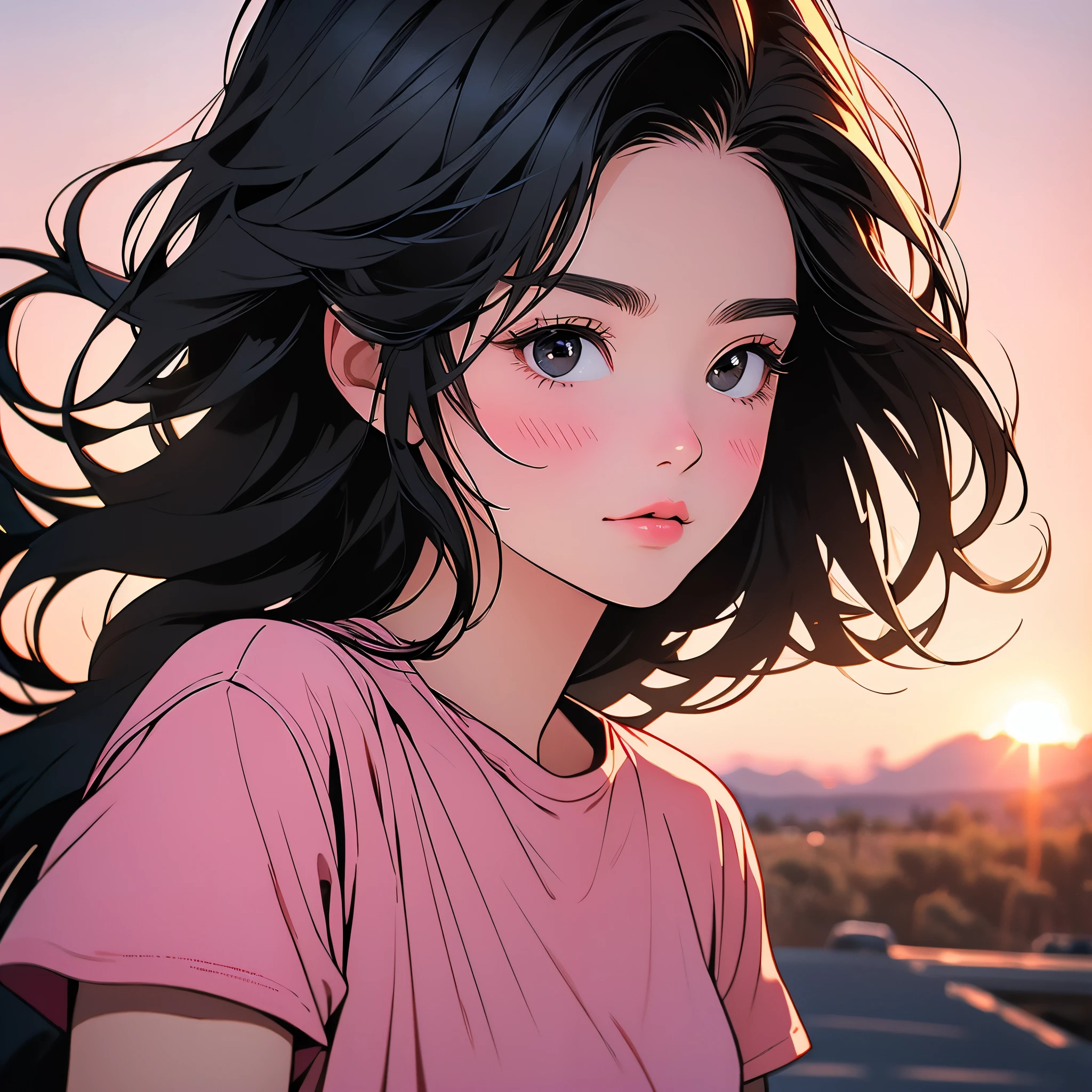( highres, ultra detailed, realistic, )(解剖学正确), 1 girl,long black hair, wind blow,pink white stripe T-shirt, black eyes,looking at the sky, sunset sky background, ultra - detailed, best quality, Detailed diagram, vectorized, 8K, Graphic design, vector lines, Full-HD,