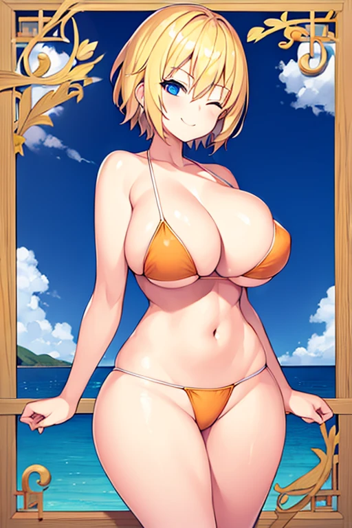 1girl, blonde hair, orange bikini, blonde hair, very short hair, smile, large breasts, blue eyes, breasts, thick thighs, wide hips, bikini, one eye closed, wink