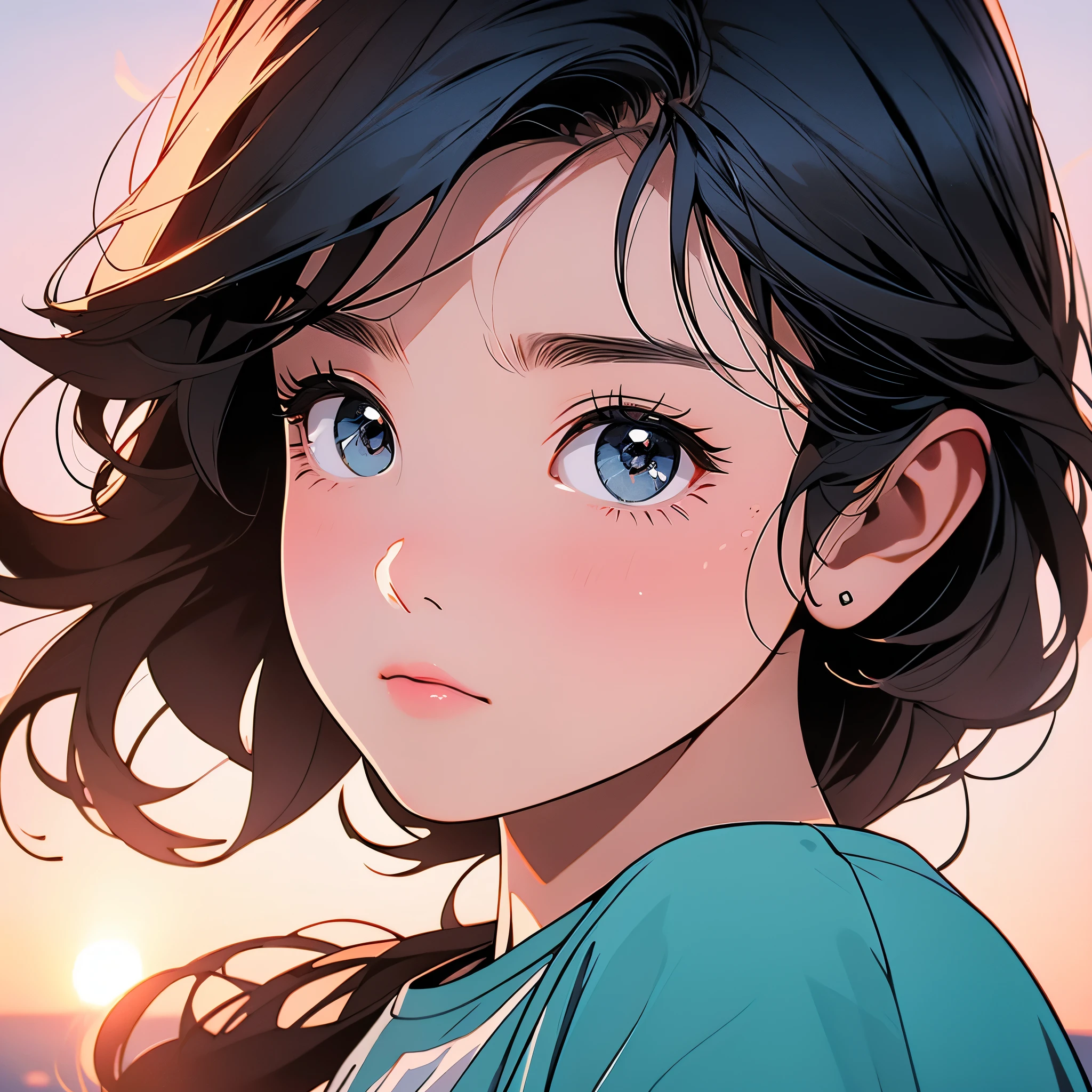 ( highres, ultra detailed, realistic, )(解剖学正确), 1 girl,long black hair, wind blow,pink white stripe T-shirt, black eyes,looking at the sky, sunset sky background, ultra - detailed, best quality, Detailed diagram, vectorized, 8K, Graphic design, vector lines, Full-HD,