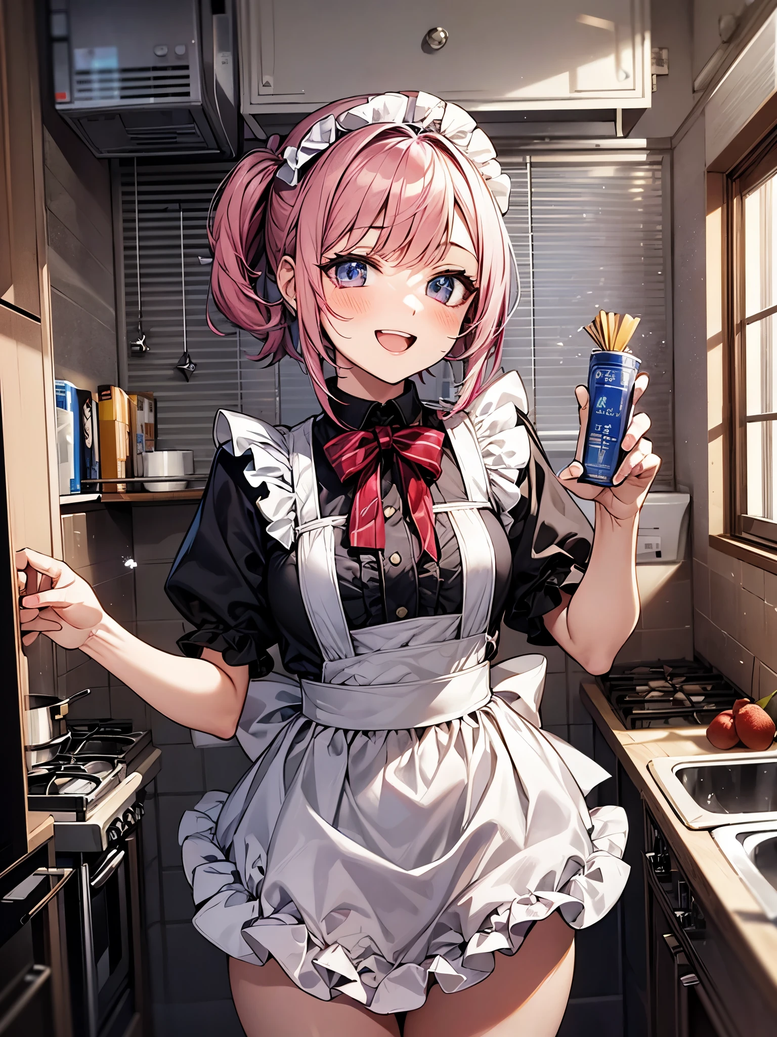 perfect human body、Maid Outfit Cosplay:1.3,mini skirt、frills、smile、blush、20-year-old、Cooking in the kitchen of a cheap Japanese apartment、Bright day、Expression of sparkling light、Dancing petals、colorful hair color、明るいsmile