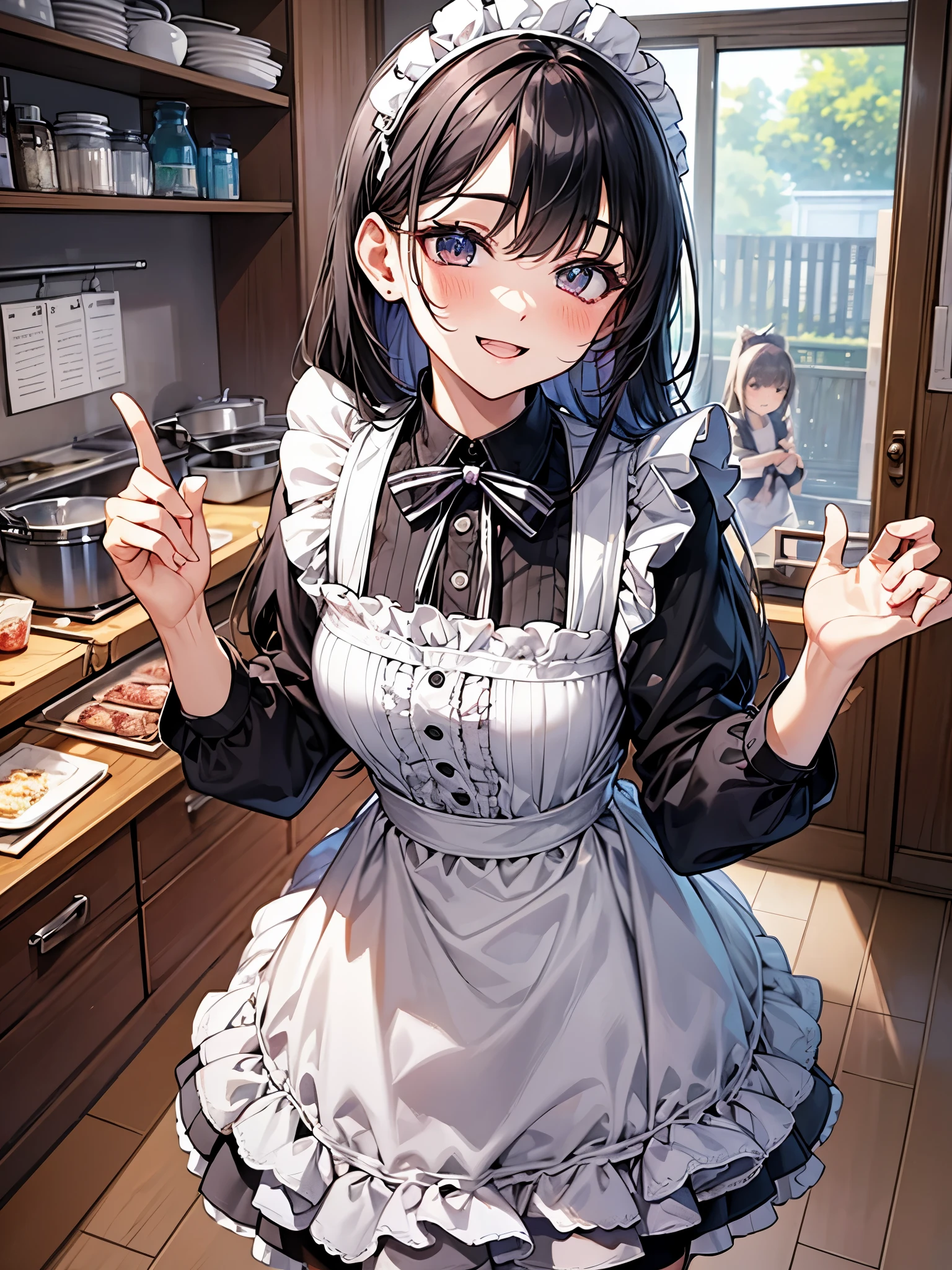 perfect human body、Maid Outfit Cosplay:1.3,mini skirt、frills、smile、blush、20-year-old、Cooking in the kitchen of a cheap Japanese apartment、Bright day、Expression of sparkling light、Dancing petals、colorful hair color、明るいsmile
