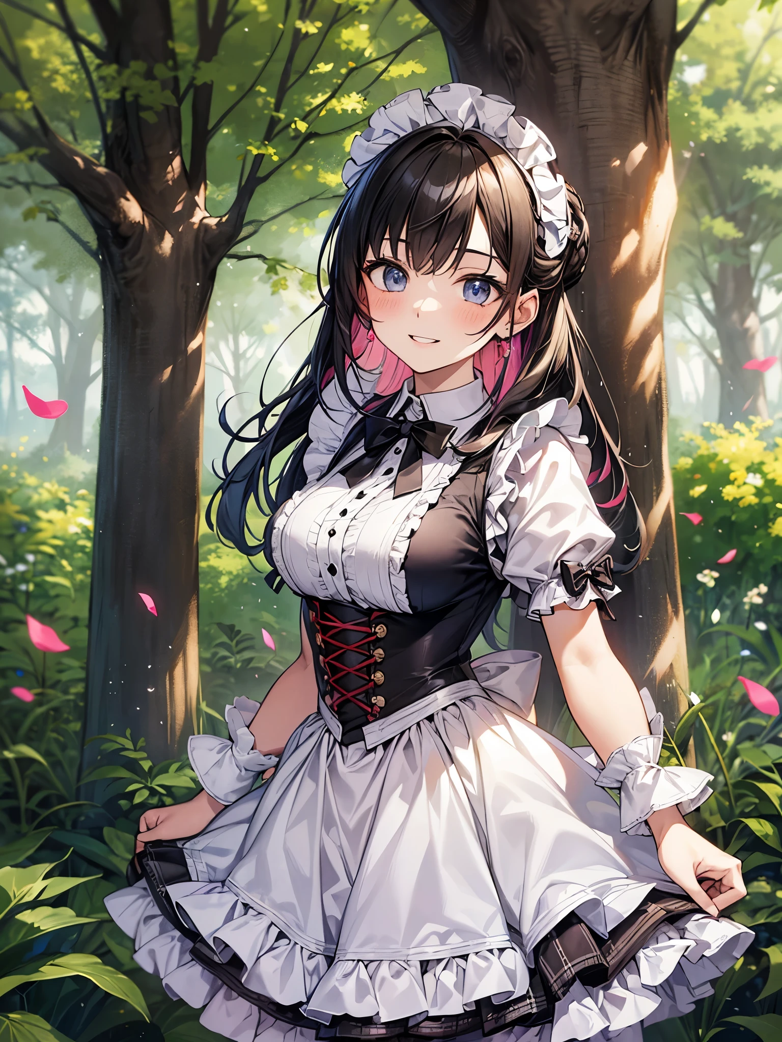 perfect human body、victorian maid costume cosplay:1.3,mini skirt、frills、a shy smile、blush、20-year-old、High School Cultural Festival、Bright day、Expression of sparkling light、Dancing petals、colorful hair color