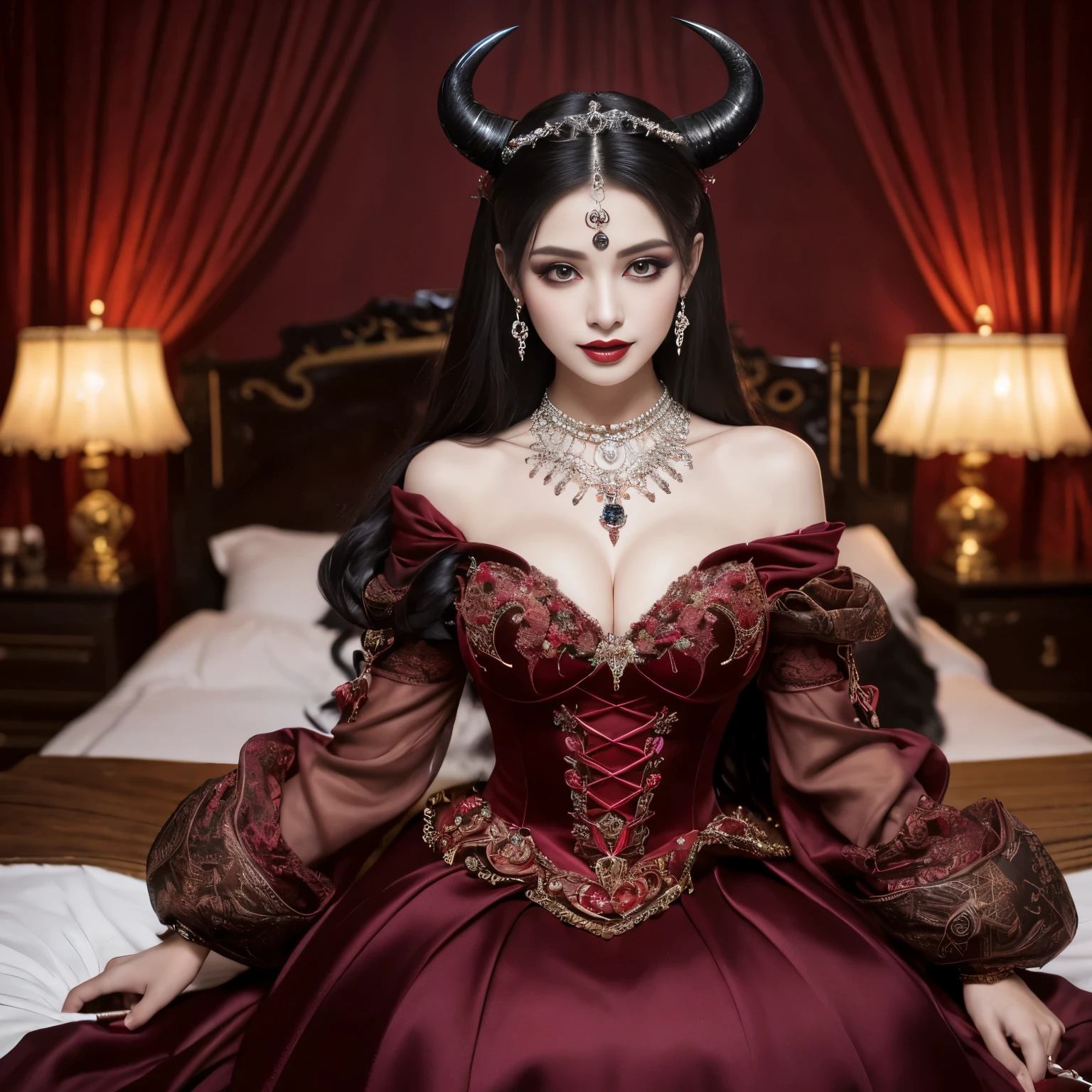 (highest quality、masterpiece、Award-winning work、best image quality、highest resolution、8K、ultra high resolution)、the most beautiful devil princess、(the most extravagant demon princess'The finest dresses:1.1)、(The most luxurious and special intricate costumes:1.1)、(The most complex and detailed textures:1.1)、(The finest evil dress with intricate and detailed decorations:1.1)、(The most luxurious and highest quality giant tiara:1.1)、(The most luxurious and highest quality giant necklace:1.1)、(Devil horn with the most realistic texture:1.1)、(Fine jewelry decoration throughout the body:1.1)、A bewitching smile staring at me、Evil tattoo、Evil decoration、The best costumes、enchanting devil princess、big breasts、perfect makeup、evil eyeshadow、long eyelashes、black lipstick、accurate anatomy、cowboy shot、(blurred background)、(The background is the bedroom of the finest princess:1.2)、Spooky decoration、Evil decoration、epic movie lighting、romantic and moody