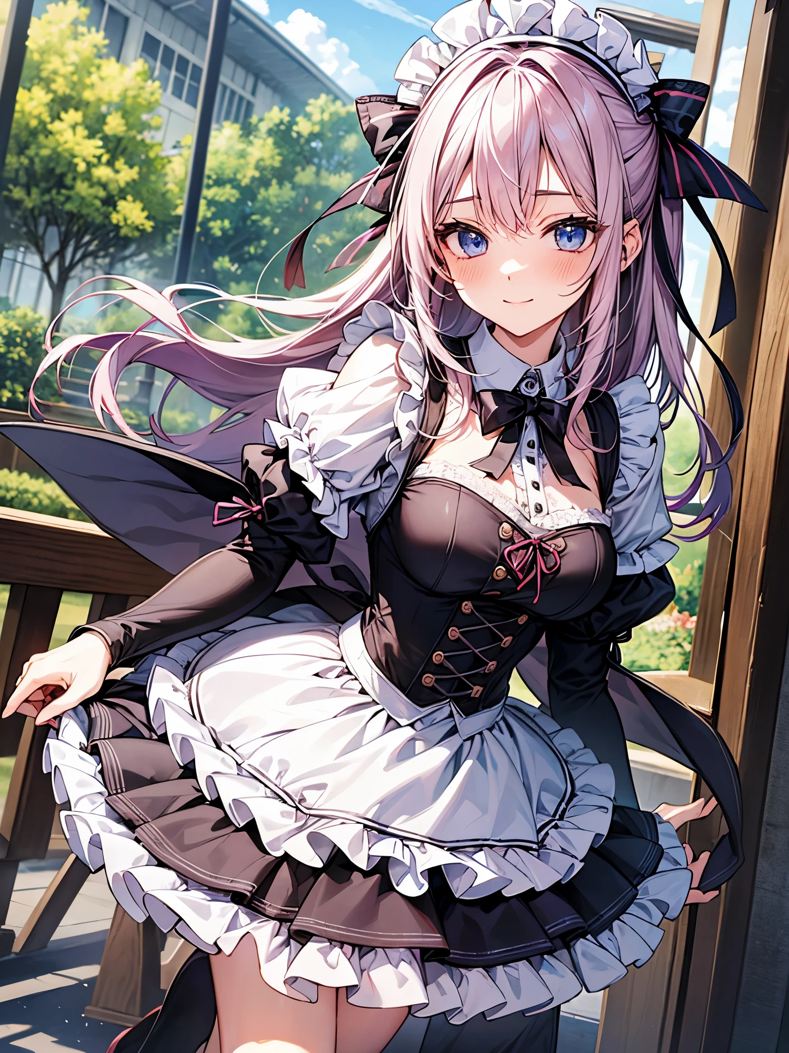 perfect human body、victorian maid costume cosplay:1.3,mini skirt、frills、a shy smile、blush、20-year-old、High School Cultural Festival、Bright day、Expression of sparkling light、Dancing petals、colorful hair color