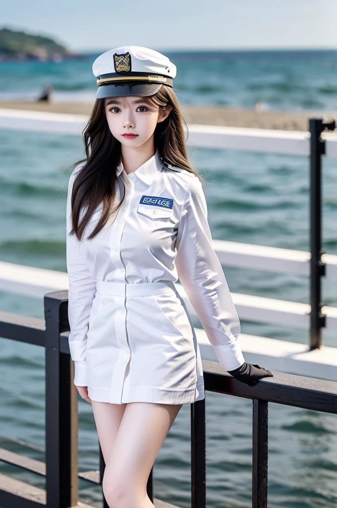 (best quality),[masterpiece],((beautiful:0.75) cute girl:0.75),(EOS R8,50mm,F1.2,8K,RAW photo:1.2),Professional,ultra-fine painting,1girl,long hair,outdoors,(front:1.3),cloud,sky,seaside background,standing,
uniform11,police uniform,hat