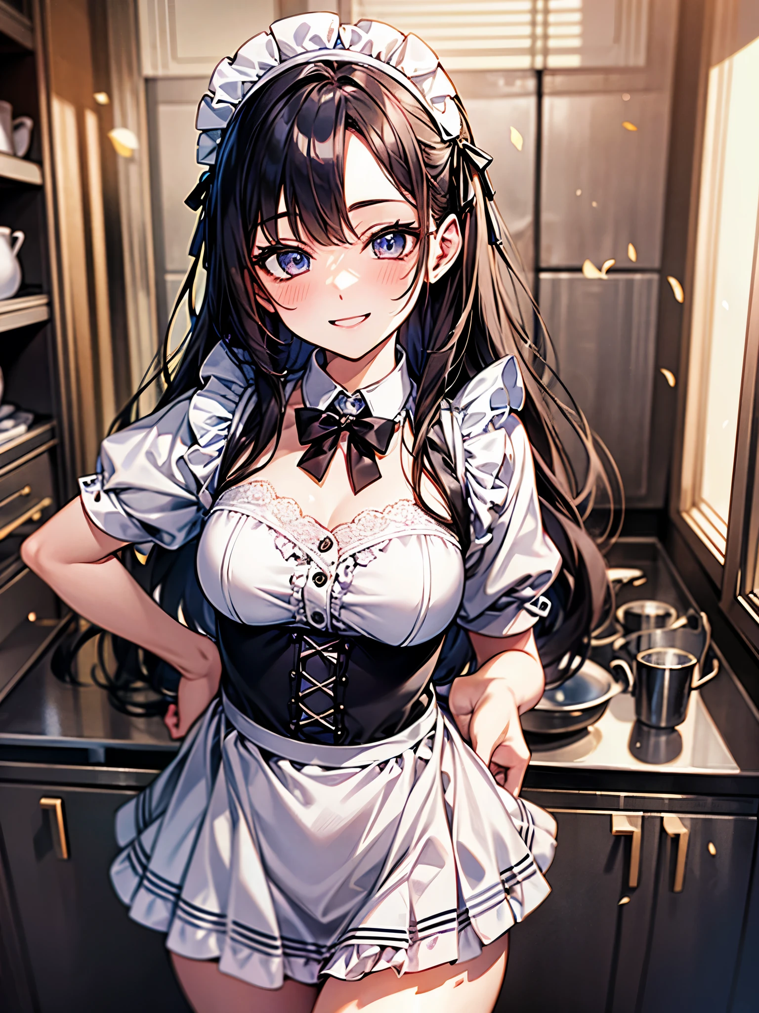 perfect human body、Maid Outfit Cosplay:1.3,mini skirt、frills、smile、blush、20-year-old、Cooking in the kitchen of a cheap Japanese apartment、Bright day、Expression of sparkling light、Dancing petals、colorful hair color、明るいsmile、Forehead:1.3