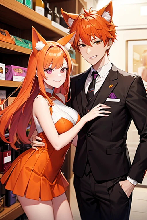 An orange haired man with orange eyes and orange fox ears and an orange fox tail is posing with a pink haired woman with violet eyes in a shop in nice outfits