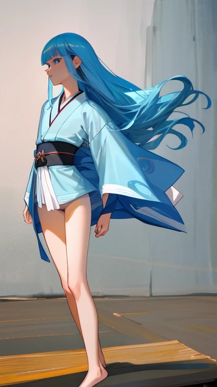{{{{amazing quality, great quality, high quality, very aesthetic, aesthetic, best quality}}}},
realistic, photo, shadow, Three-dimensional, absurdres, Digital art,
{{{{Magical girl}}}}, beautiful girl, one girl,
light blue hair, long straight hair, hair, trimmed hair, shiny hair, blunt bangs, short sideburns,
blue eyes, tareme,
{{flat chest}}, {{small breasts}}, {{detailed body}}, slim thighs, thin thighs,
mini kimono, yellow kimono obi, skull-shaped hair ornament, barefoot, Geta for women,