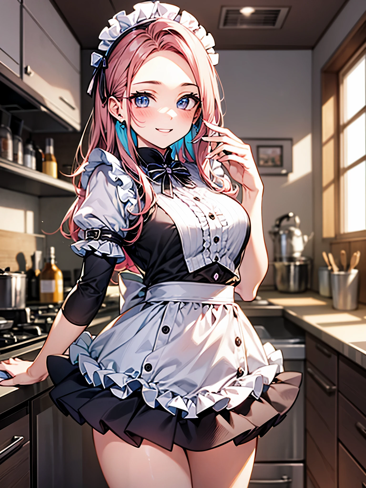 perfect human body、Maid Outfit Cosplay:1.3,mini skirt、frills、smile、blush、20-year-old、Cooking in the kitchen of a cheap Japanese apartment、Bright day、Expression of sparkling light、Dancing petals、colorful hair color、明るいsmile、Forehead:1.3