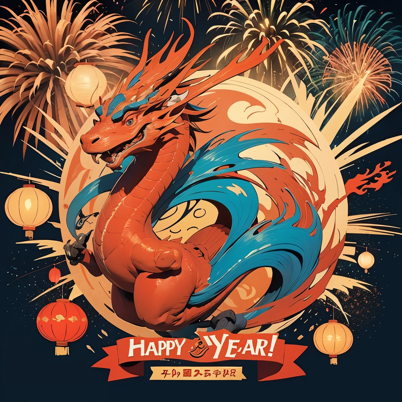 red envelope cover,Colorful background colors,Chinese dragon pictures,With fireworks above,festive,with words happy new year