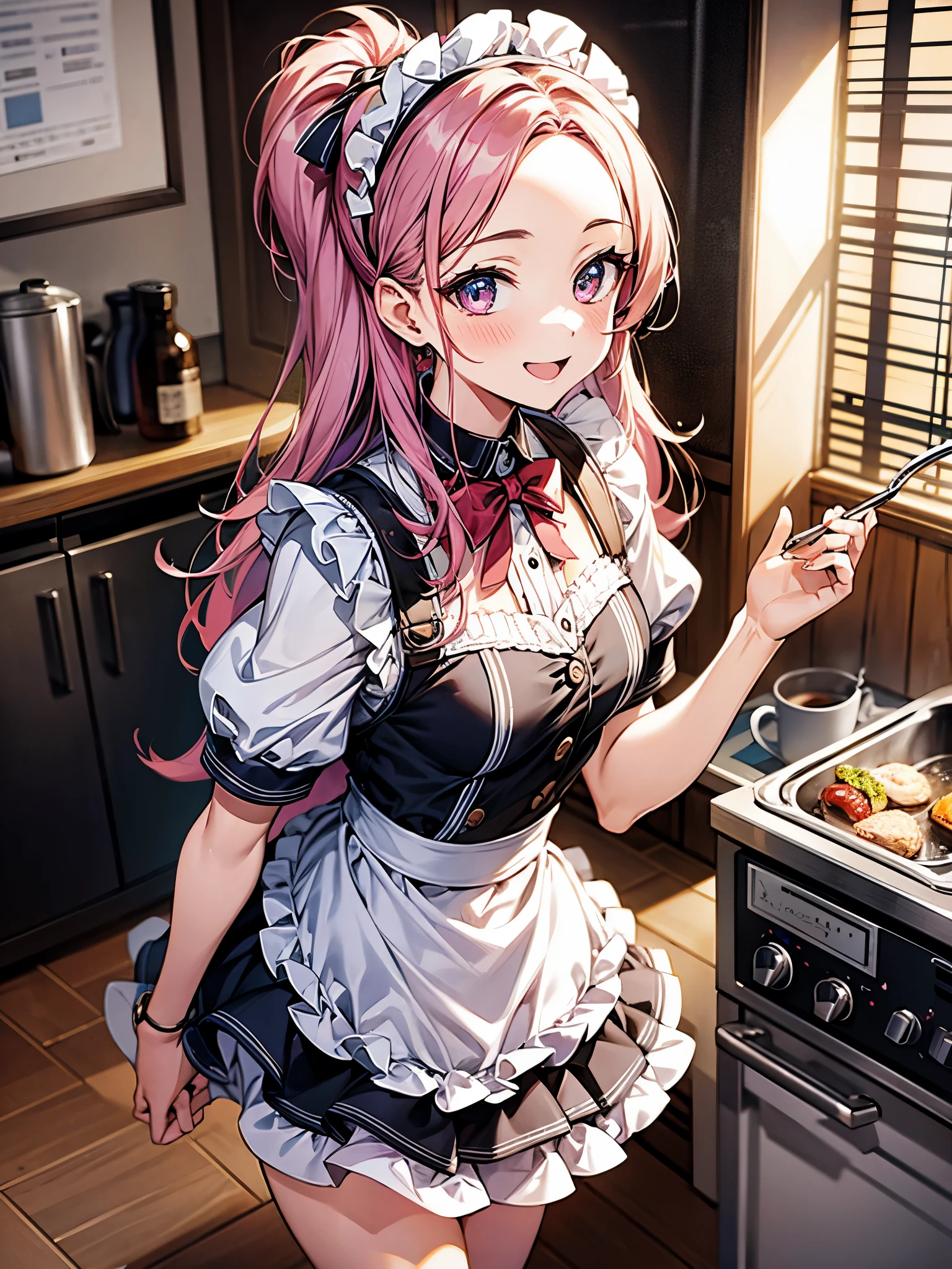 perfect human body、Maid Outfit Cosplay:1.3,mini skirt、frills、smile、blush、20-year-old、Cooking in the kitchen of a cheap Japanese apartment、Bright day、Expression of sparkling light、Dancing petals、colorful hair color、明るいsmile、Forehead:1.3