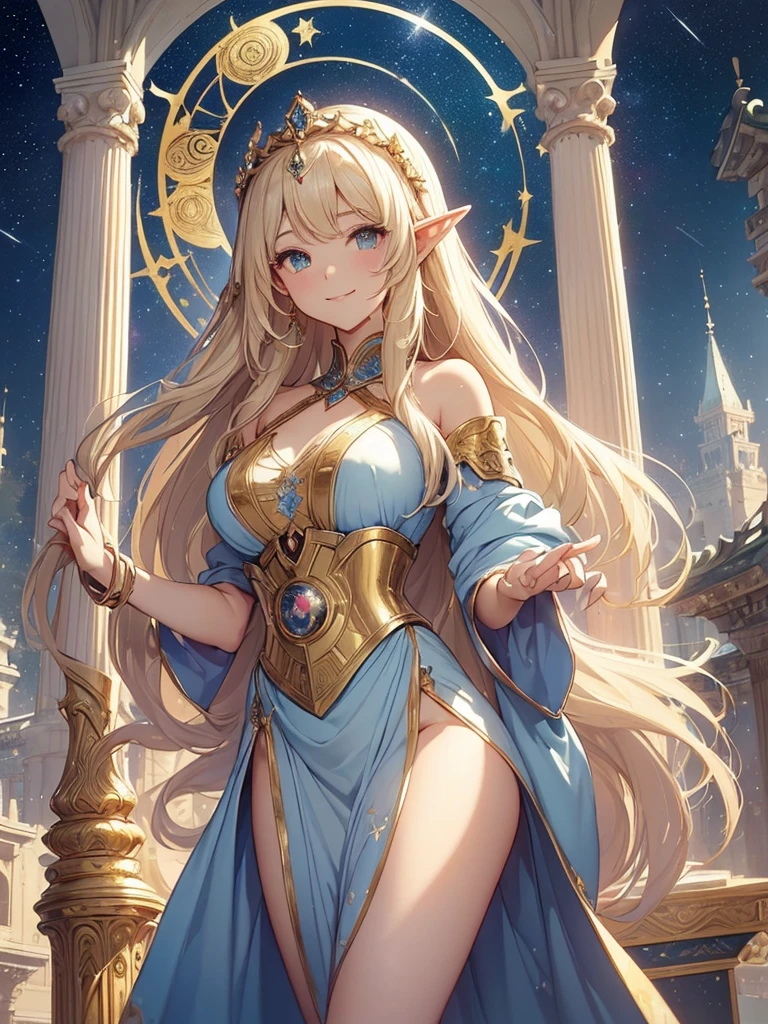 highest quality、Highest image quality、masterpiece、Super beautiful elf beauty from behind((22 years old OL big bust、bust 90,beautiful long ironed hair、blonde、globe、、slender、Close-up、Esbian、beautiful tiara、High quality、beautiful art、background((starry ski)))muste piece、visual art、Depth of bounds written、low angle of morning sky、、elf ears、、magic of light、space knight、harp melody🎵、A happy smile、gentle light、、Beautiful legs that are gentle on the skin、、、Number of fingers to achieve precise finger movements、back view ticker beautiful decorative、elegant、mystical　rosa、　heaven、marble columns, beautiful dressy、beautiful dress、magnificent marble dome、giant galaxy、religious painting、temple of time、great watch、hourglass、sundial、moment of creation！myth、alphonse mucha art、art nouveau、ancient greece、Rome、byzantine art、gold foil、Raphael&#39;s paintings、renaissance art、Lord of the Ring、sexy、friendly smile、fairy forest、Summer Forest、massive trees、many branches and leaves、Magnificent Temple