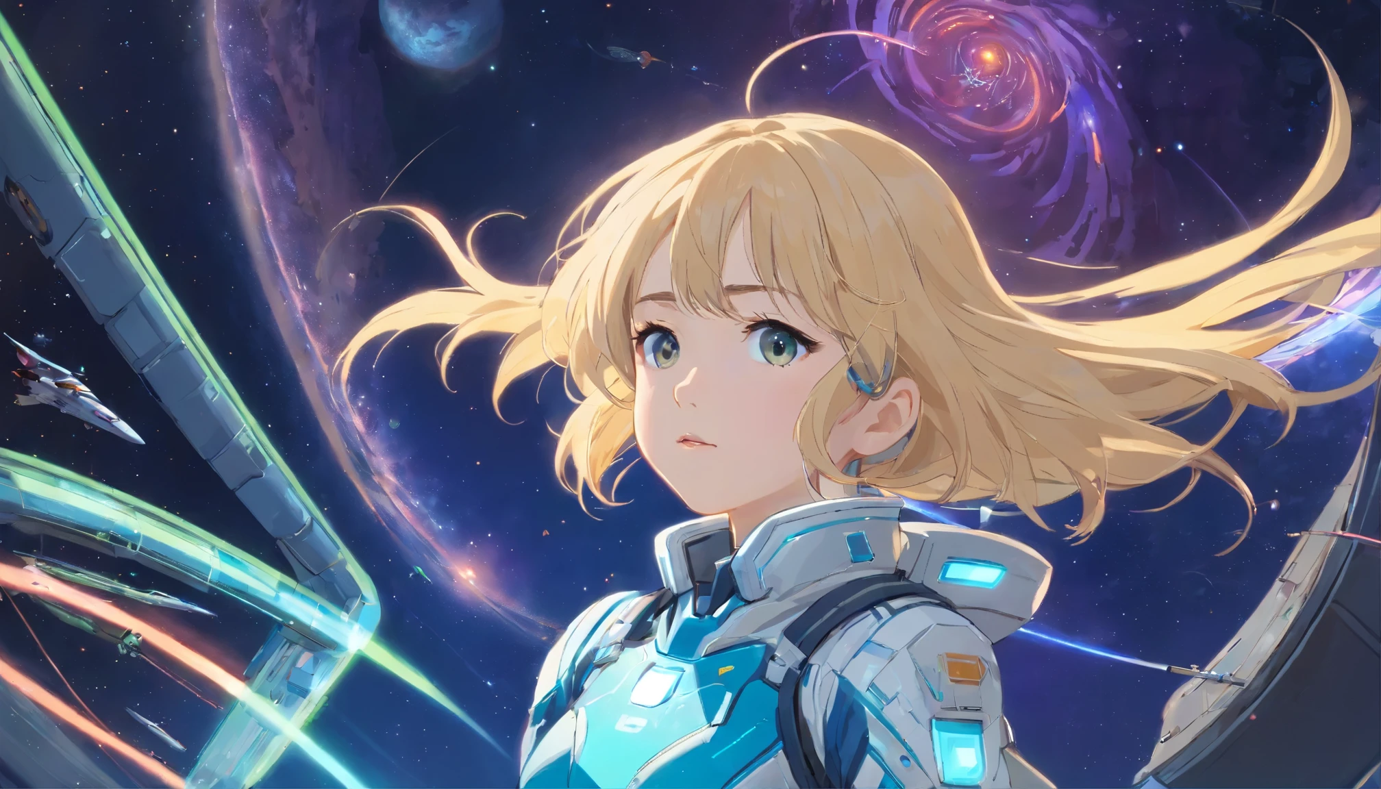 (young girl, 12 years old, blond, 逼真of, pale skin), (of (Eye:1.2)), (fit:1.3), (fantasy space suit), 漂亮of脸蛋, symmetrical face, Greg Rutkoski, wlop and Sam Kuvshinov, (long hair), Golden eyelashes, big irises, Large pupils, whole body, 站在航天发射场of背景上, art station, 8k, Science fiction, 柔和of色彩, tool, Control board, concept, 未来派of, Purr, simon stålenhag, space, in outer space, a spaceship in the sky, Technology block