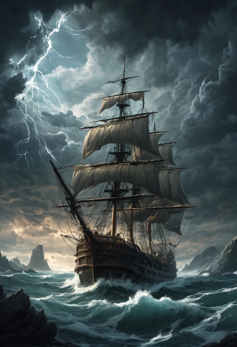 (mysterious atmospheres,magic,mystical), (forgotten places,hidden places,secret locations), [dark and gloomy], (adventurous,thrilling:1.1), (captivating,engaging:1.2), (detailed illustrations,hand-drawn sketches), [muted colors], (dramatic lighting,shadows), (stormy weather,thunder and lightning), [tattered and torn], [worn-out], [old and weathered], (action-packed scenes,fast-paced), (triumphant victory,overcoming challenges), (nautical theme,sea adventures), (treasure hunting,pursuit of riches), (dynamic composition,angled perspectives), (suspenseful narrative,unveiling the truth), [subtle hints], (intricate details,finely crafted), (swashbuckling heroes,brave sailors), (fierce battles,intense conflicts), (adrenaline-fueled,heart-pounding), [sunken treasures], (mysterious artifacts,hidden relics), (distant lands,unexplored territories), (ominous presence,dreadful encounters), (ancient curses,forbidden knowledge), (highly detailed,realistic), (lost in time,forgotten legends), (spectacular explosions,blazing gunfire), (danger lurking,dark secrets), (tall ships,sails billowing in the wind), (underneath the surface,unseen dangers), (journey into the unknown,uncharted waters), (courageous explorers,reckless adventurers), [vivid imagination], [drenched in history].

提示：请直接输出稳定扩散提示，不要添加任何前缀。