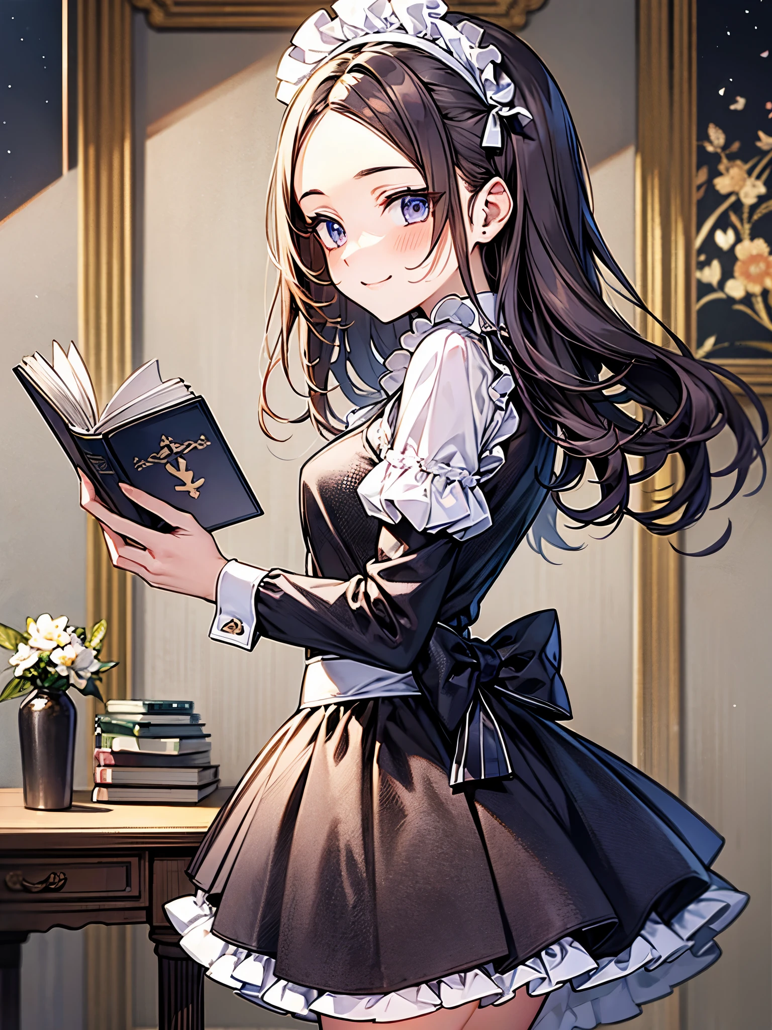 perfect human body、side view、Maid Outfit Cosplay:1.3,mini skirt、frills、smile、blush、20-year-old、reading a book、dark night、colorful hair color、Forehead:1.3