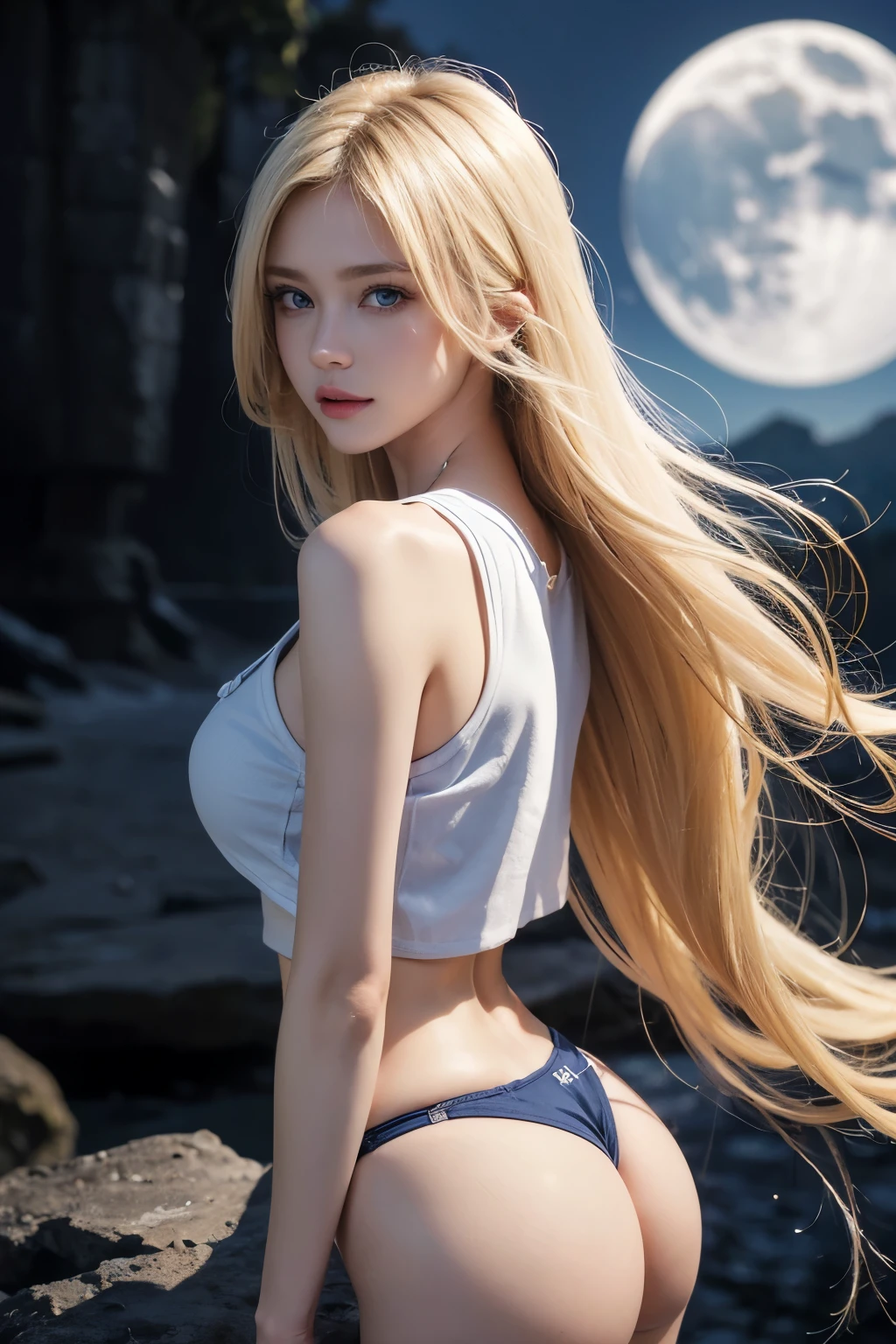 8K, Top Quality, Intricate Details, Ultra Detail, Ultra High Resolution, Masterpiece, shot from behind, Slender, Smile, (Makeup: 0.4), (Fluffy Blue Eyes: 1.21), blue eyes, facing away, ((full body)), 1girl, solo, Charming Russian model Nata Lee, Beautiful face, looking away (( full body)), close-up shot, standing, ((tall)), (((fit body))), (((slim face))), sharp face, sharp eyes, (((Light blonde hair, long hair, )) (detailed face), sharp face, small lips, ((crop top)), detailed face, detailed breast, large breast, detailed ass, round ass, Beautiful girl with accentuated slender abs: 1.4, Six Pack Abs: 1.4, Bust Botox, Big, Perfect Body, detailed leg, (( moonlight)), top of mountain.