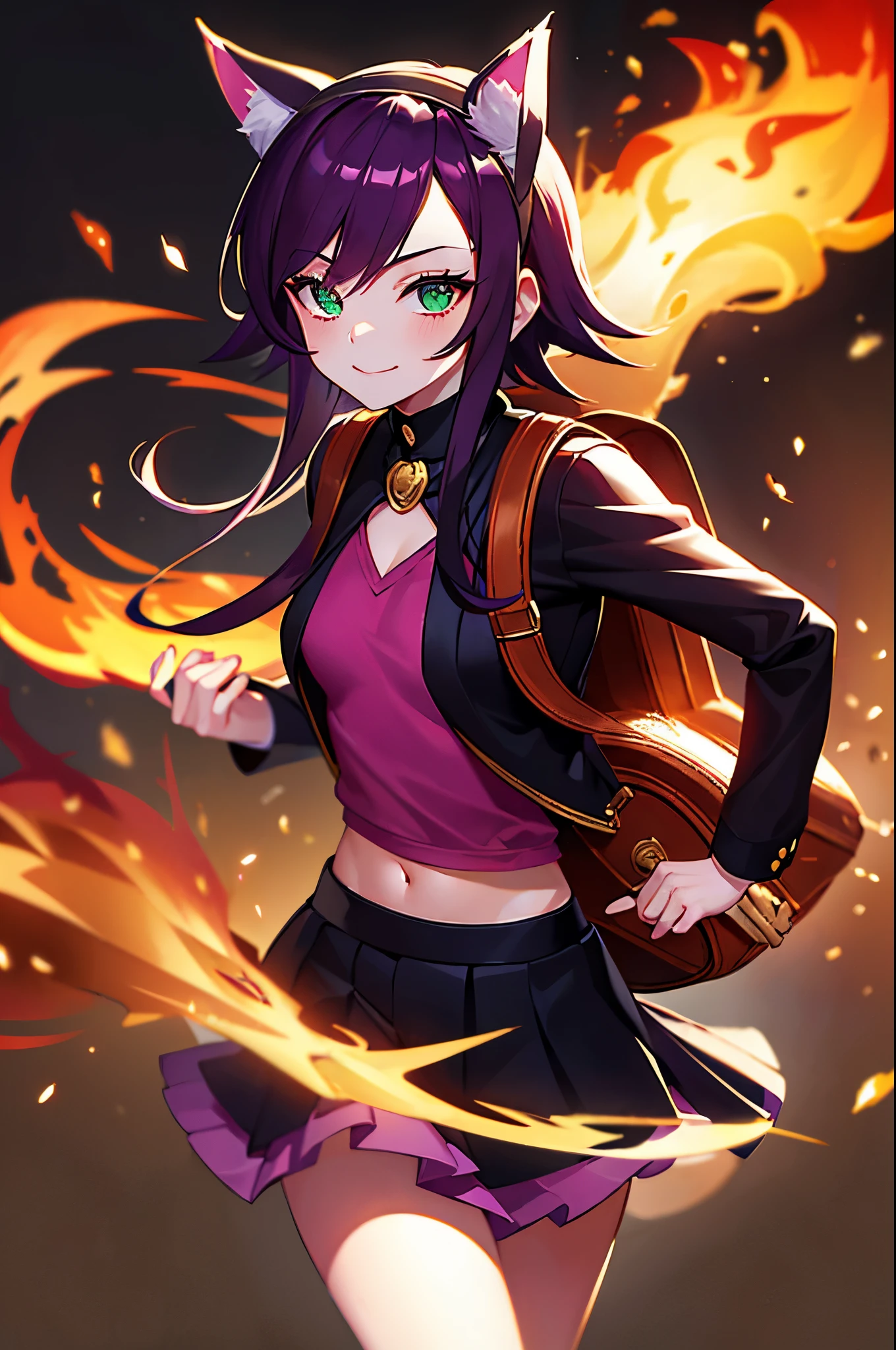 1girl, animal_ears, annie_(league_of_legends), arm_at_side, backpack, bad_id, bad_pixiv_id, bag, black_background, blunt_bangs, breasts, cat_ears, closed_mouth, cowboy_shot, dark, fake_animal_ears, fire, fireball, green_eyes, hairband, league_of_legends, long_sleeves, looking_at_viewer, outstretched_hand, photoshop_(medium), purple_hair, rabbit19, ringed_eyes, sanpaku, short_hair_with_long_locks, sidelocks, single_flame, small_breasts, smile, solo, themed_object