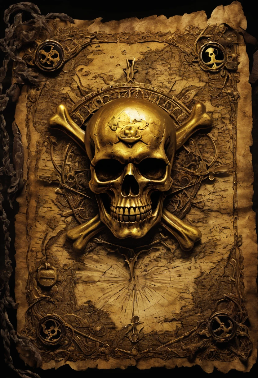 a hidden treasure, an adventure, an ancient artifact
(best quality, ultra-detailed), (dark, mysterious) atmosphere, (eerie lighting, dimly lit environment)
(description of the map's intricate details), (tattered edges, faded ink), (weathered, aged appearance)
(detailed depiction of the mysterious personage's eyes, facial features), (enigmatic smile, piercing gaze)
(description of the despicable pirate's rugged appearance, evil grin), (eyepatch, skull and crossbones)
(description of the hidden treasure's shiny golden coins, sparkling jewels), (glowing aura)
(detailed description of the adventure's thrilling moments), (suspenseful, heart-pounding), (challenging obstacles)
(ancient artifact's mysterious powers), (glowing symbols, intricate carvings), (whispering secrets)
(vibrant colors, contrasting shadows), (dramatic composition)
(hint of danger lurking in the shadows), (sense of anticipation), (a quest for the ultimate prize)