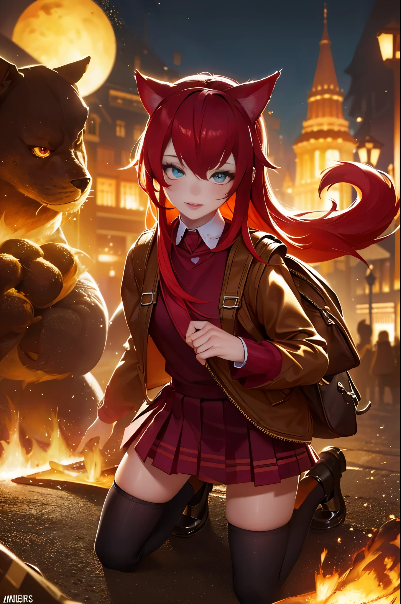 A girl with animal ears and a cat tail, wearing Annie cosplay from League of Legends, is kneeling on the ground. She is holding a backpack and a bag. Her outfit includes socks and fake animal ears. The girl has vibrant red hair and beautiful detailed eyes. Her lips are also beautifully detailed. She has long eyelashes and is in a solo pose. The artwork is created using a medium of digital illustration. The image quality is of the best quality, with ultra-detailed and realistic details. The colors are vivid and the lighting is carefully crafted to create a photorealistic effect.