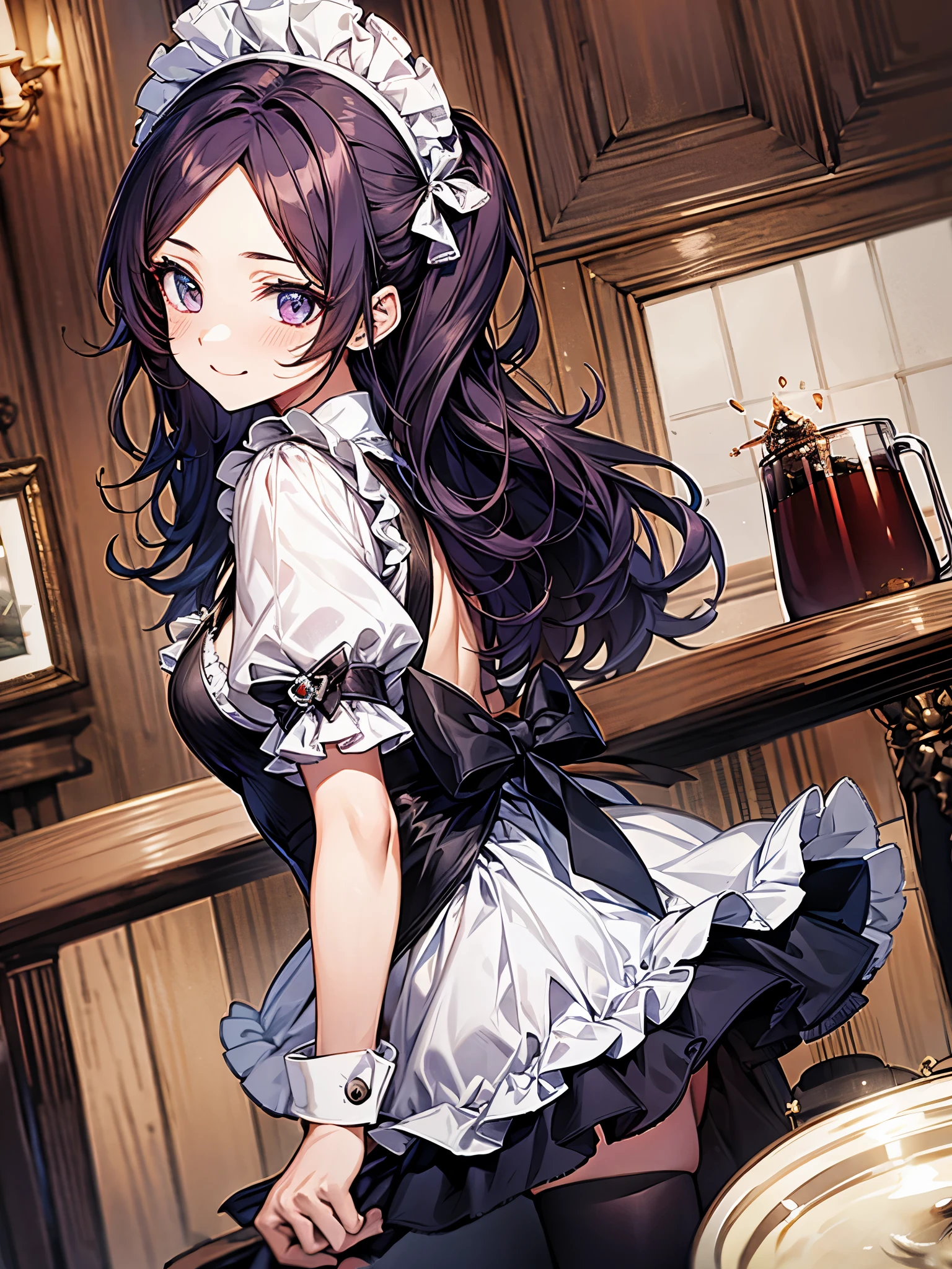 perfect human body、side view、Maid Outfit Cosplay:1.3,mini skirt、frills、smile、blush、20-year-old、dark night、colorful hair color、Forehead、Brew coffee
