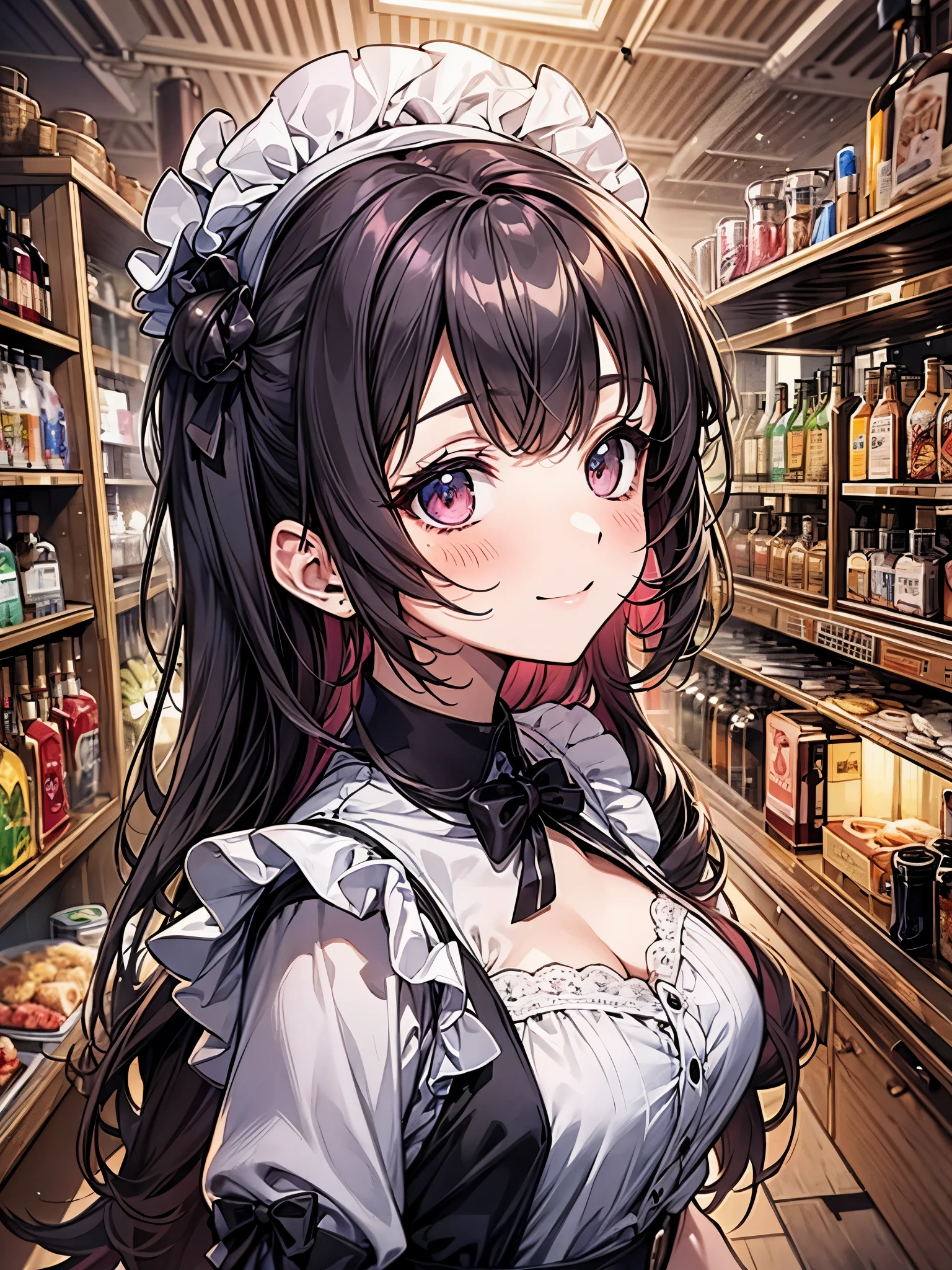 perfect human body、side view、Maid Outfit Cosplay:1.3,mini skirt、frills、smile、blush、20-year-old、dark night、colorful hair color、bangs bangs、Brew coffee