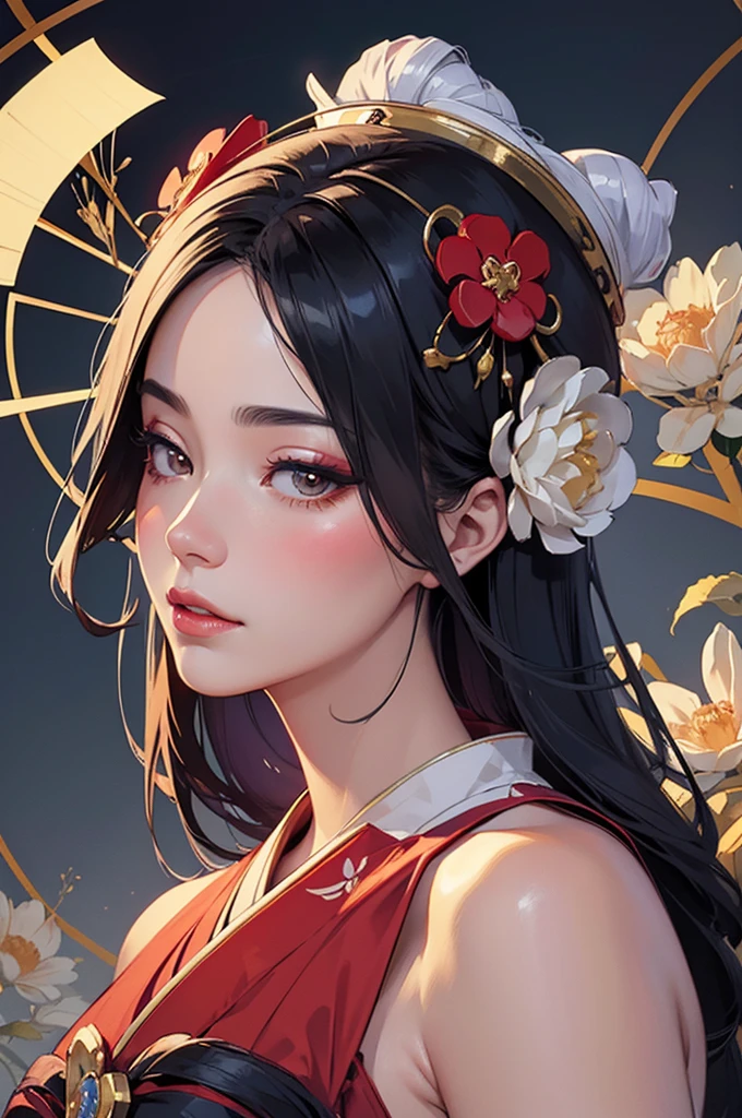 Exquisite digital illustration of an elegant geisha woman, adorned with a fan and a flower delicately placed in her long, flowing hair. Inspired by the grace and beauty of Chinese empresses, this stunning digital artwork transports us to a world of tranquility and refinement. In the style of digital illustration, the intricate details of her traditional robes, makeup, and accessories are captured with utmost precision and care. The intricacies of her fan design and the delicate folds of her clothing are rendered in the highest detail, creating an enchanting and captivating portrait of a beautiful geisha. The vivid colors and bold brushstrokes add to the allure of this