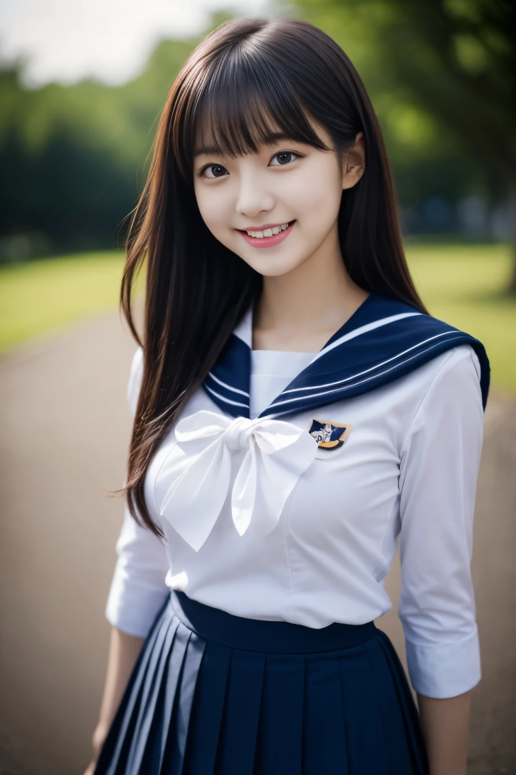 Close up of woman posing for photo,  The most beautiful Japanese model, 17-year-old female model,  4K、bangs、A dark-haired, slightly longer bob hair, Middle hair, Straight hair、(white  shirt, Sailor School Uniform, Dark blue pleated skirt:1.2),　(Super cute face in idol style:1.4), upper body, slim and beautiful figure, sexy, beautiful breast, A smile, The background is an empty park, (RAW photo, best quality, masterpiece, ultra detailed, ultra high res, realistic), 