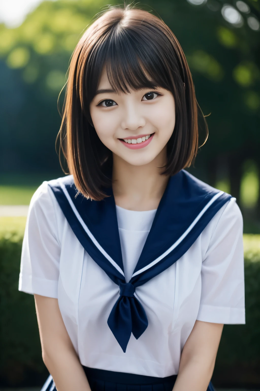 Close up of woman posing for photo,  The most beautiful Japanese model, 17-year-old female model,  4K、bangs、A dark-haired, slightly longer bob hair, Middle hair, Straight hair、(white  shirt, Sailor School Uniform, Dark blue pleated skirt:1.2),　(Super cute face in idol style:1.4), upper body, slim and beautiful figure, sexy, beautiful breast, A smile, The background is an empty park, (RAW photo, best quality, masterpiece, ultra detailed, ultra high res, realistic), 