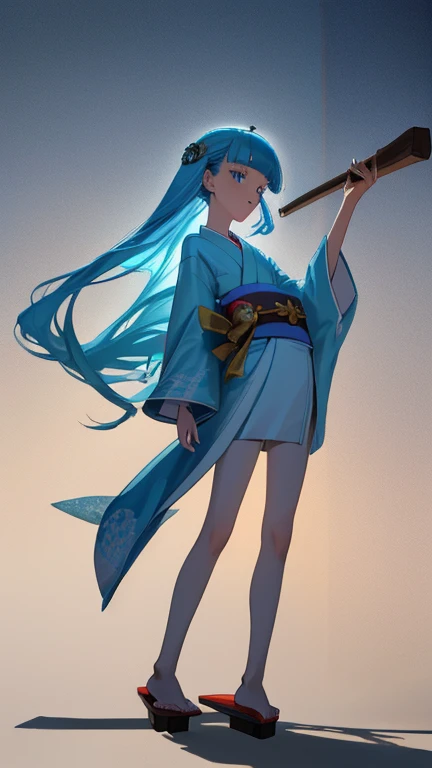 {{{{amazing quality, great quality, high quality, very aesthetic, aesthetic, best quality}}}},
realistic, photo, shadow, Three-dimensional, absurdres, Digital art,
{{{{Magical girl}}}}, beautiful girl, one girl,
light blue hair, long straight hair, hair, trimmed hair, shiny hair, blunt bangs, short sideburns,
blue eyes, tareme,
{{flat chest}}, {{small breasts}}, {{detailed body}}, slim thighs, thin thighs,
mini kimono, yellow kimono obi, skull-shaped hair ornament, barefoot, Geta for women,