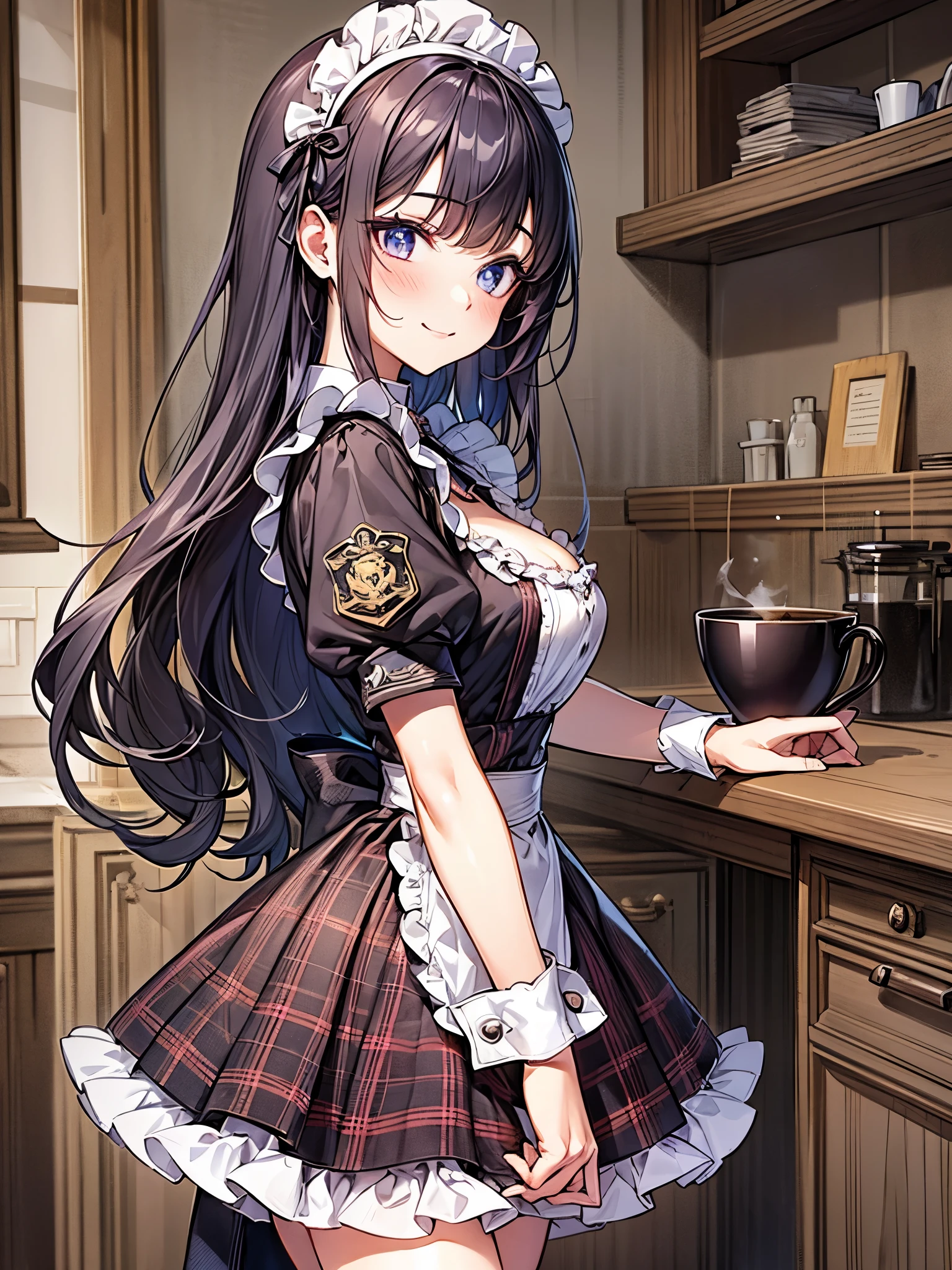 perfect human body、side view、Maid Outfit Cosplay:1.3,mini skirt、frills、smile、blush、20-year-old、dark night、colorful hair color、bangs bangs、Coffee cup、brew hot coffee
