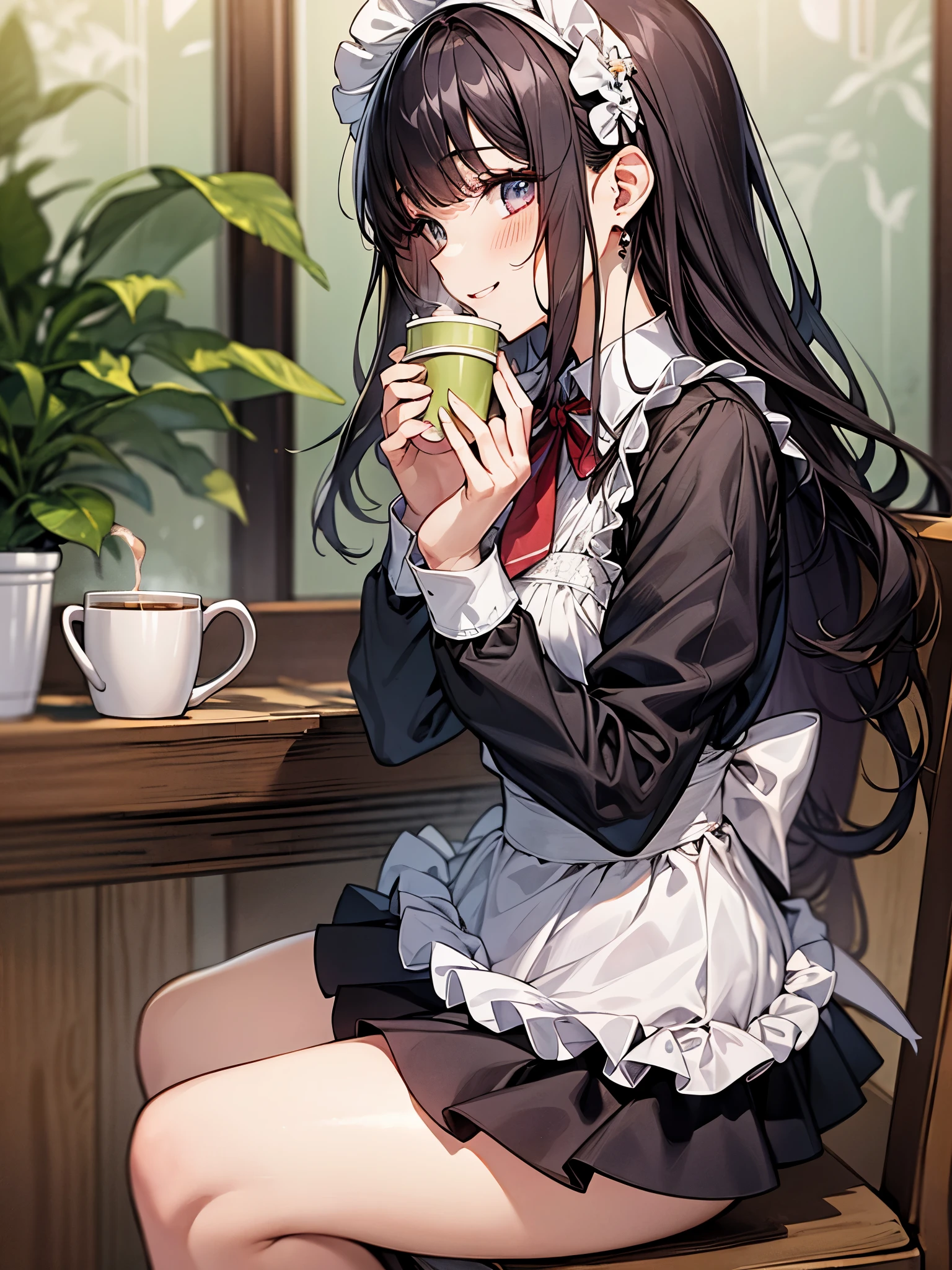 perfect human body、side view、Maid Outfit Cosplay:1.3,mini skirt、frills、smile、blush、20-year-old、dark night、colorful hair color、bangs bangs、Coffee cup、brew hot coffee