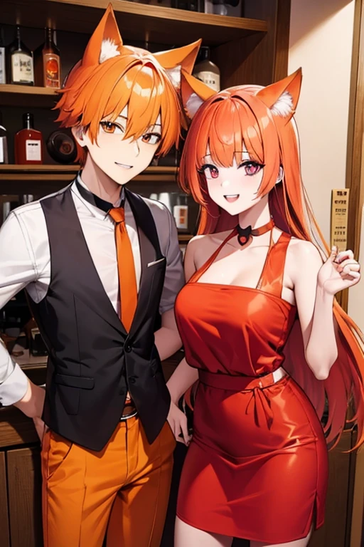 An orange haired man with orange eyes and orange fox ears and an orange fox tail is posing with a pink haired woman with violet eyes in a shop in nice outfits
