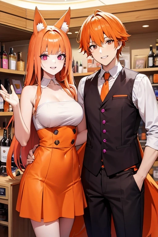 An orange haired man with orange eyes and orange fox ears and an orange fox tail is posing with a pink haired woman with violet eyes in a shop in nice outfits