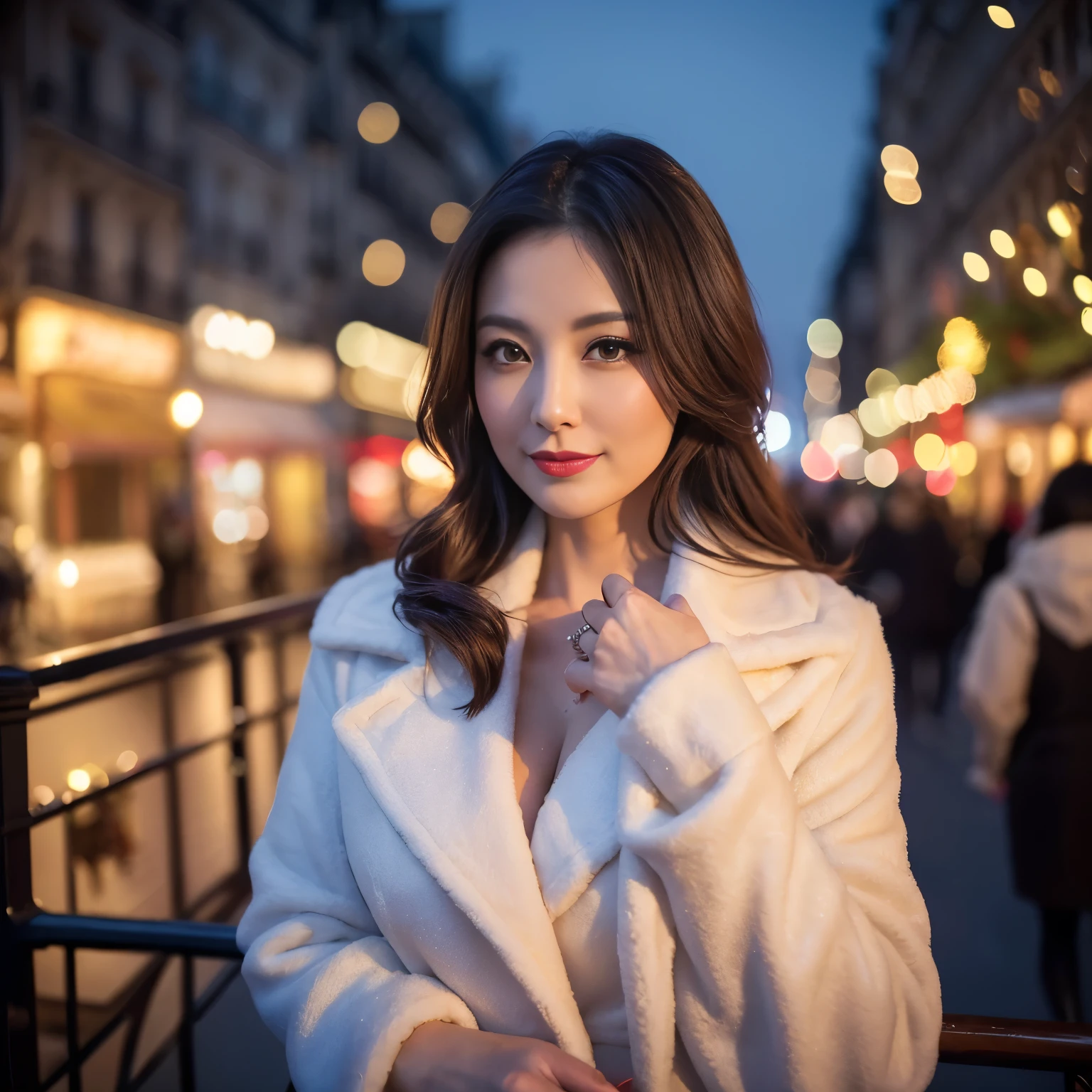 ((highest quality、8K resolution、master masterpiece、professional photography)), Photoreal, 1 Japanese female, Beautiful woman, (The most elegant and beautiful 45 year old mature woman:1.2), gorgeous christmas、wrinkles around the eyes, thin,Paris city at Christmas night, Christmas night view of Paris,Neon Street,Sparkling neon lights,romantic paris night,smile shyly at me,Smile at me,look at me affectionately、(The most elegant and warm luxury coat for midwinter:1.2)、big and full breasts,Winter clothes that emphasize your bust,(Snowy Christmas Night:1.1),snowy night,Gorgeous illumination、(The most luxurious giant Christmas tree:1.2)、Glamorous background,perfect makeupアップ,Dark red lipstick,perfect makeup,eye shadow、long eyelashes、clear background、great movie lighting、romantic lighting、(Gorgeous illumination:1.1)、(Paris christmas skyline:1.1),(gorgeous christmas illuminations:1.1)、(very moody and romantic:1.1)、Ultra-high-definition beautiful skin