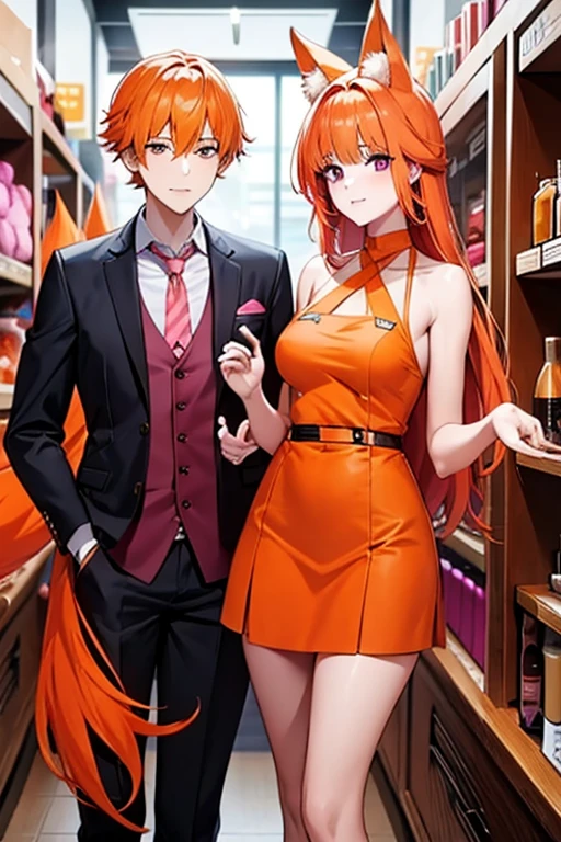 An orange haired man with orange eyes and orange fox ears and an orange fox tail is protecting with a pink haired woman with violet eyes in a shop in nice outfits