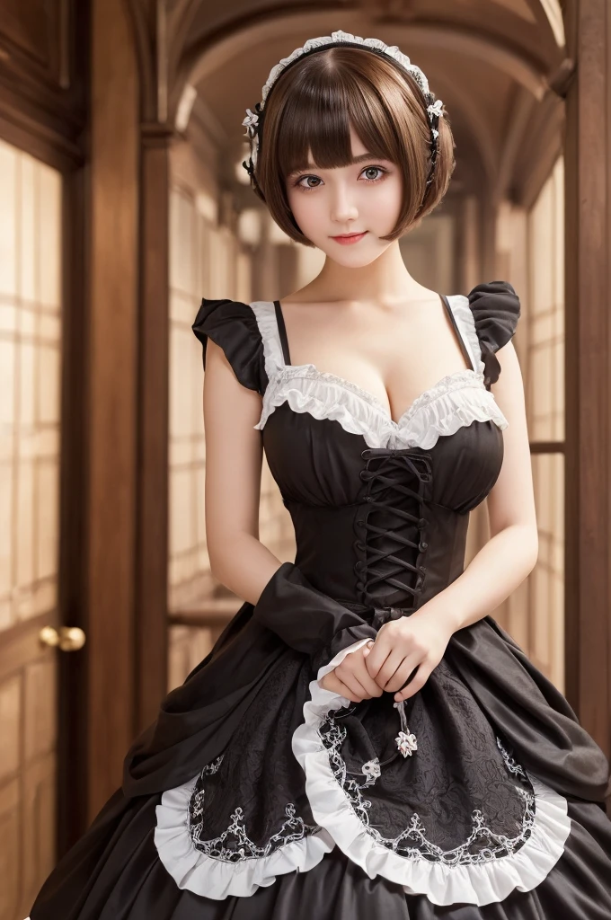 ((Best quality, 8k, Masterpiece :1.3)), 1girl,restaurant, Pretty woman with slender,Huge breasts, Bowl Cut Hair,Brown Hair,Half Smile, gothic lolita,Ultra-detailed face,Leaning Forward, cute eyes, Double eyelid,Full Body Shot