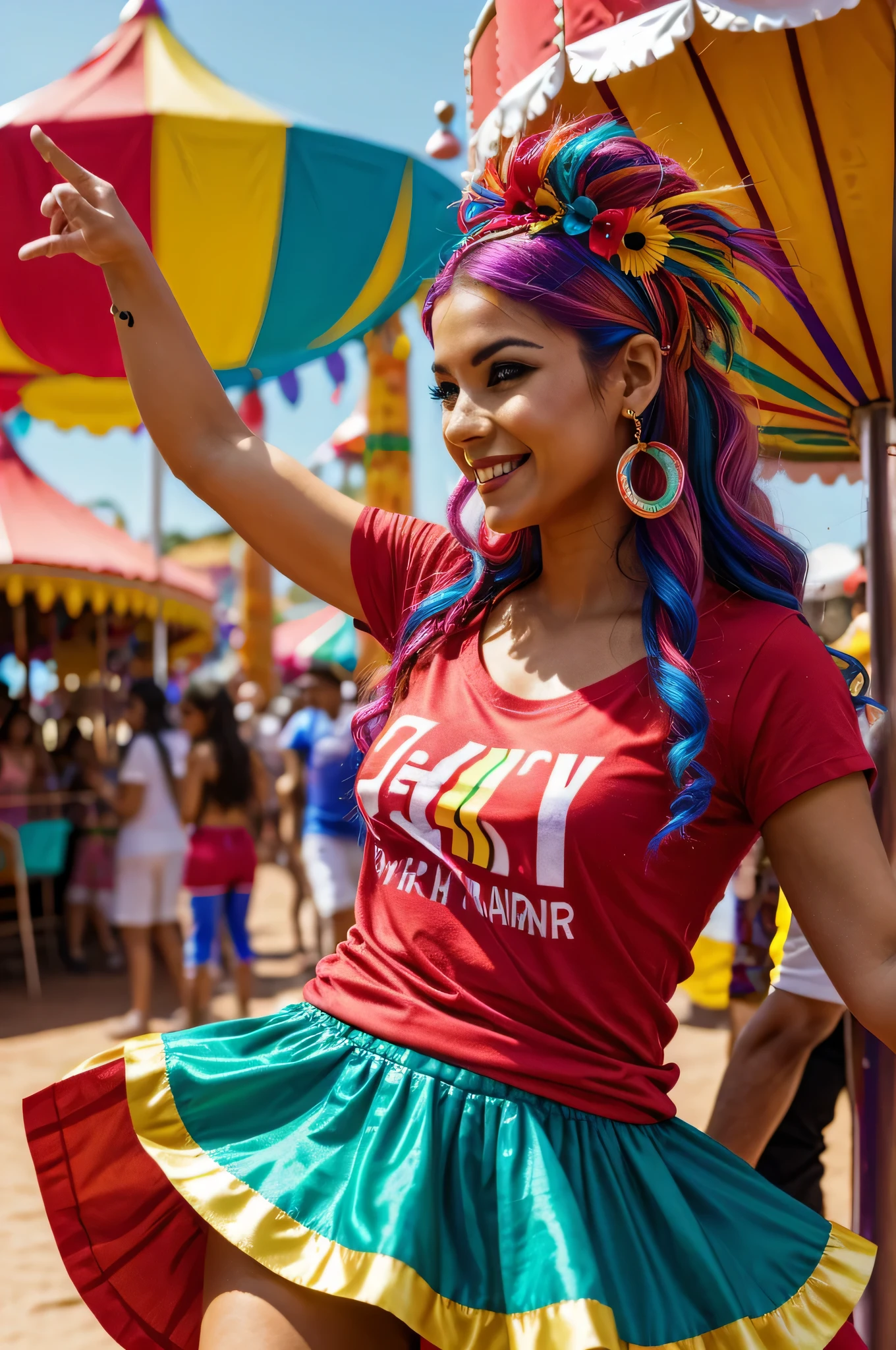 A woman in costume dancing with colorful and fun hair accessories in a carnival scene in Brazil and wearing a red T-shirt. Hyperrealistic image.