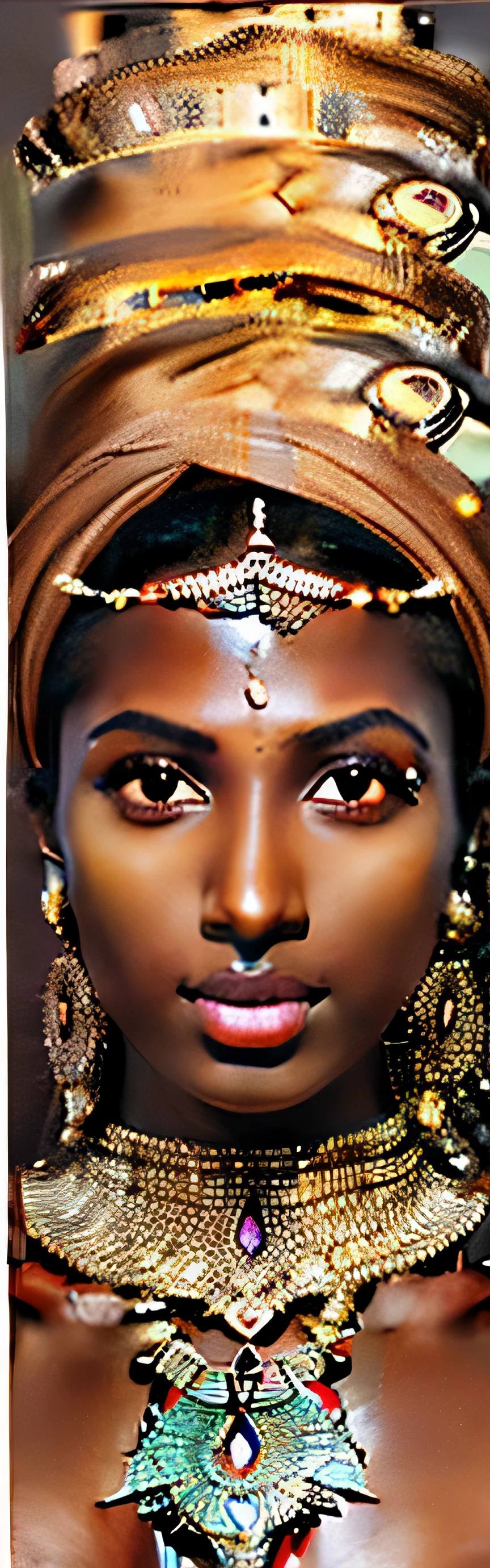 Close-up of woman wearing headscarf and necklace, Dark-skinned god, Dark complexion, indian girl with bronze skin, charming african princess, with bronze skin, bronze skin man egyptian prince, Come to the hammam, she has olive bronze skin, bronze skin. Light makeup, black african princess, Jewelry decoration on forehead, Somali women