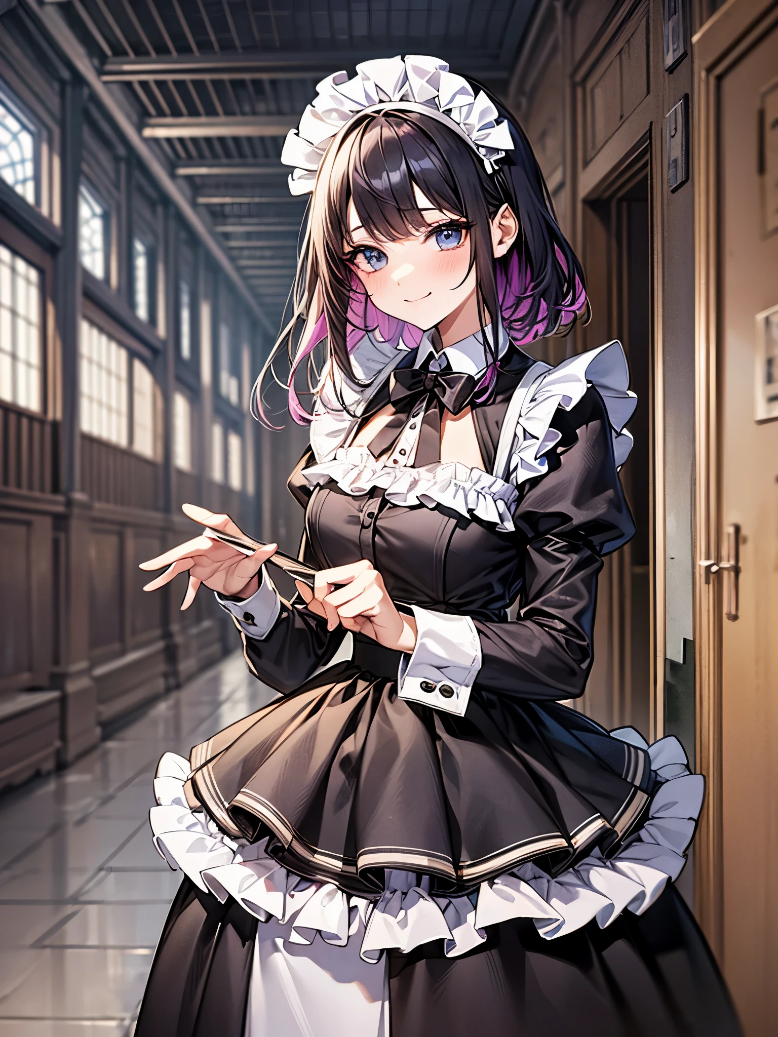 perfect human body、side view、Maid Outfit Cosplay:1.3,mini skirt、frills、smile、blush、20-year-old、Bright day、colorful hair color、bangs bangs、(((:1.3I work as a maid.)))
