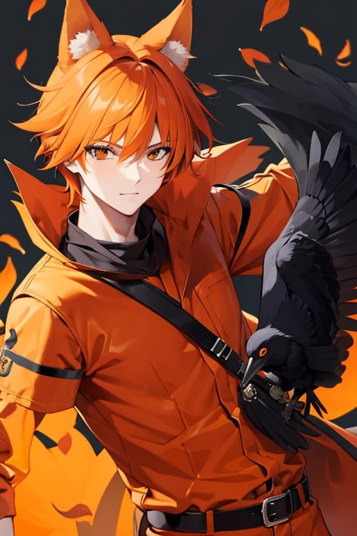 An orange haired man with orange eyes and orange fox ears and an orange fox tail is holding a raven