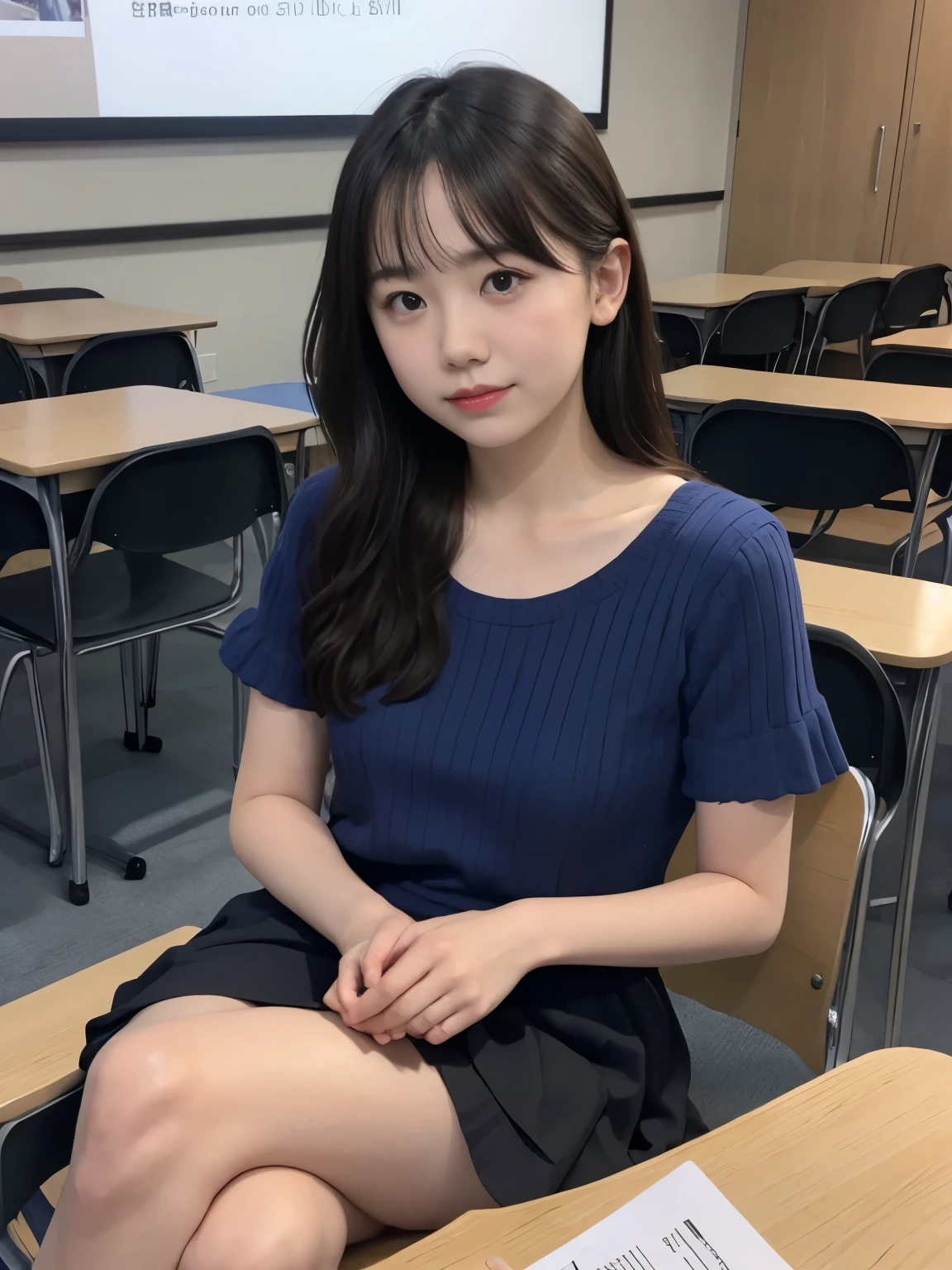 White超短裙，Student blue top（navel-baring outfit），White（transparent：90%），long legs，Height 165cm，fair skin，school classroom，little cherry mouth，White头发，Four or five classmates were watching around，small breasts，Jumpy，Rest your left hand on your leg，Sit with your legs crossed