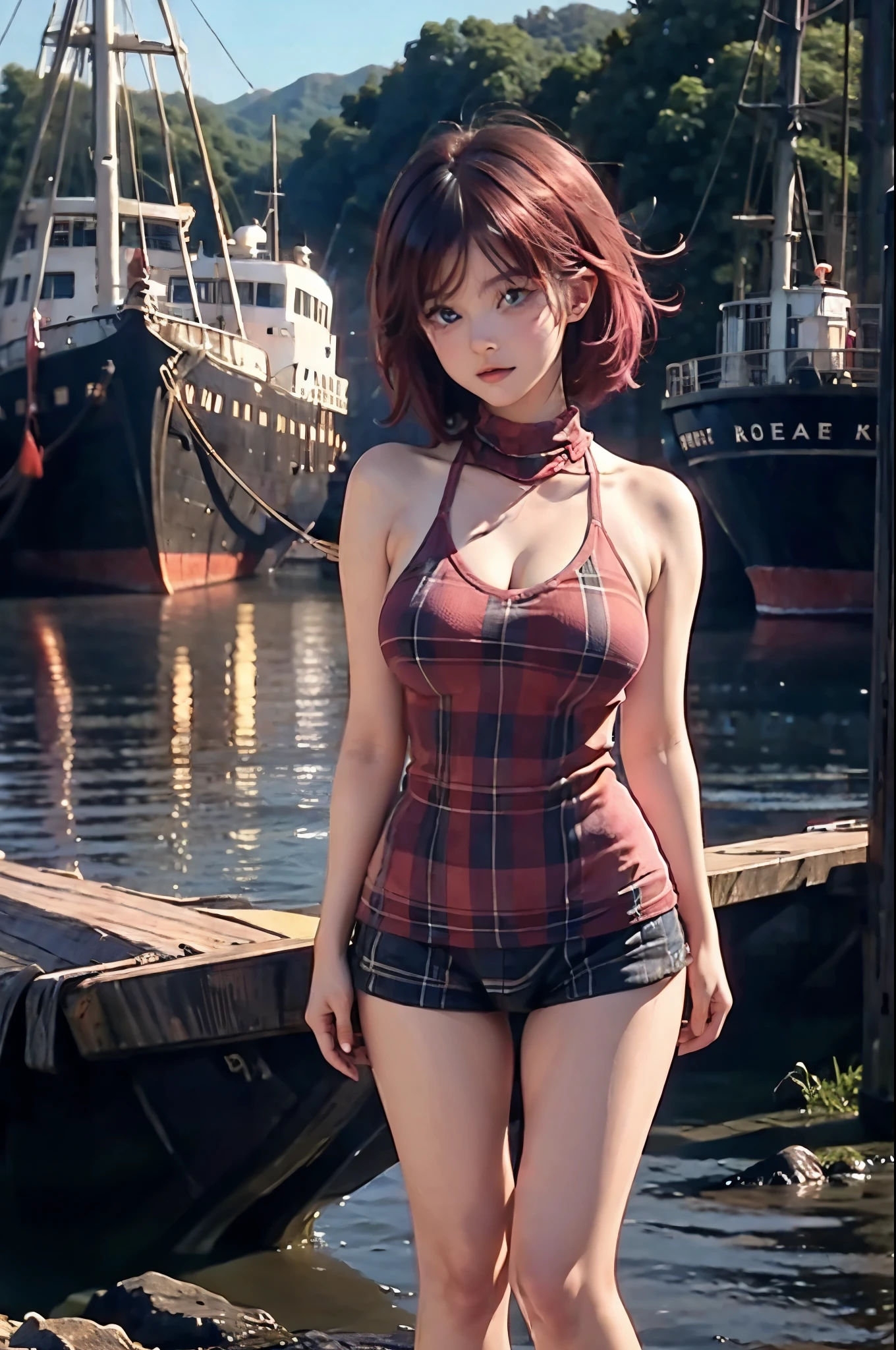 photograph, blur background, sharp, high quality, saturation, contrast, masterpiece, 8k uhd, cheeks, girl, pink hair, short hair, messy hair, floating hair, blue eyes, thick body, normal body weight, huge breasts, curvy hips, full body, dock, ships, sea, during night, at the weekend, covered neck, plaid red sweater, scarf, covered shoulder,looking up