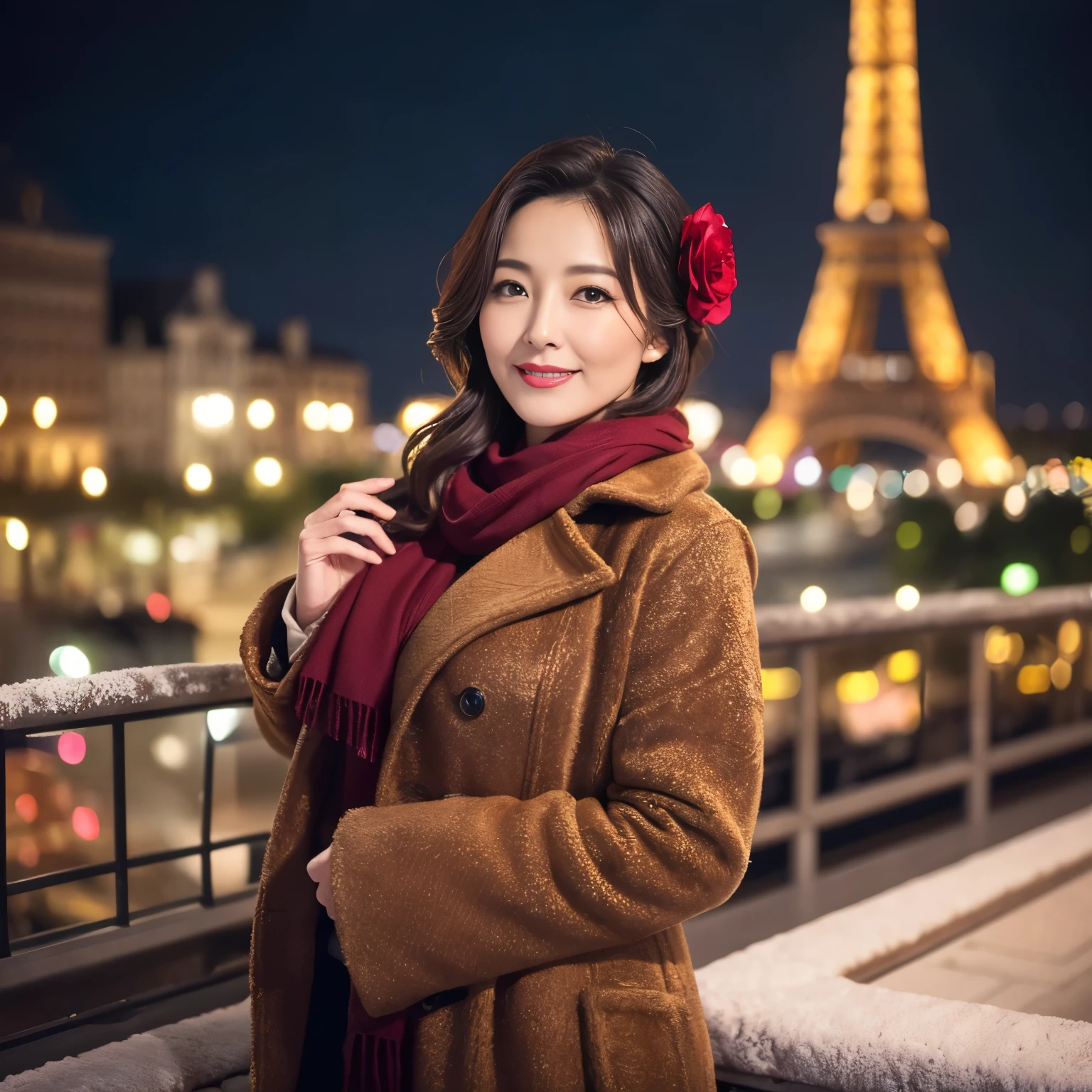 ((highest quality、8K resolution、master masterpiece、professional photography)), Photoreal, 1 Japanese female, Beautiful woman, (The most elegant and beautiful 45 year old mature woman:1.2), gorgeous christmas、wrinkles around the eyes, thin,Paris city at Christmas night, Christmas night view of Paris,Neon Street,Sparkling neon lights,romantic paris night,smile shyly at me,Smile at me,look at me affectionately、(The most elegant and warm luxury coat for midwinter:1.2)、big and full breasts,Winter clothes that emphasize your bust,(Snowy Christmas Night:1.1),snowy night,Gorgeous illumination、(The most luxurious giant Christmas tree:1.2)、Glamorous background,perfect makeupアップ,Dark red lipstick,perfect makeup,eye shadow、long eyelashes、clear background、great movie lighting、romantic lighting、(Gorgeous illumination:1.1)、(Paris christmas skyline:1.1),(gorgeous christmas illuminations:1.1)、(very moody and romantic:1.1)、Ultra-high-definition beautiful skin