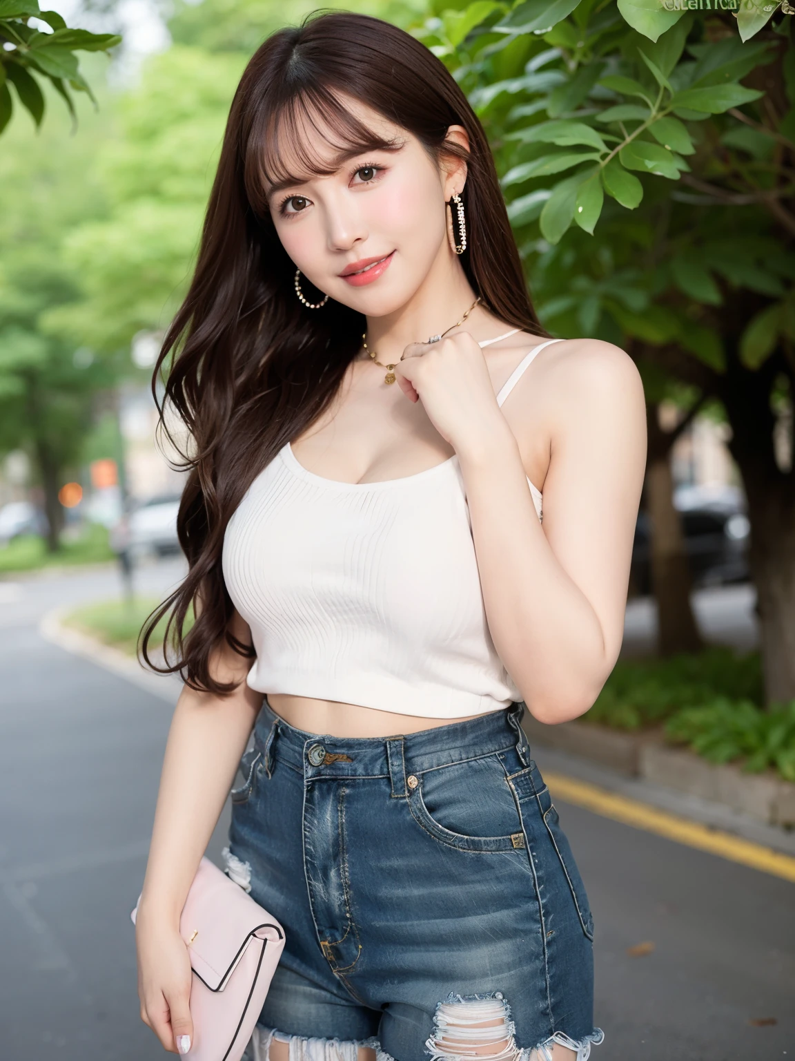 8K, highest quality, real image, intricate details, Super detailed, ultra high resolution, depth field, (realistic:1.2), full body, (closed mouth:1.3), 1 Japanese girl, very beautiful 17 year old girl, small eyes, beautiful breasts:1.5、highly detailed eyes:1.2), (beautiful breasts:1.1), (small breasts:1.2), wavy hair、curly hair、bangs, Fair skin, (huge hips:1.3), (thick thighs:1.3), (thick legs:1.2), tight waist, alone, (smile:1.2), (headband top), break, (skinny jeans), busy street