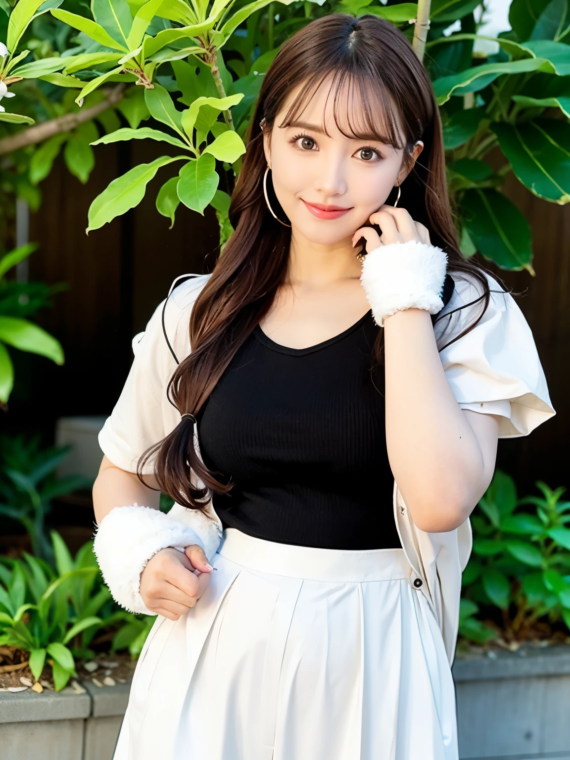 Best quality, long hair bangs curly two side braids loose towards the front, (Black hair), 超高分辨率, (Photorealistic:1.4), 1lovelygirl, bit girl, (Young), pink puffy , NSFW, ,(Kpop idol), (aegyo sal:1), Smile, Cute, Background street, Nature, peaceful neighborhood, Sunlight, cute clothes,