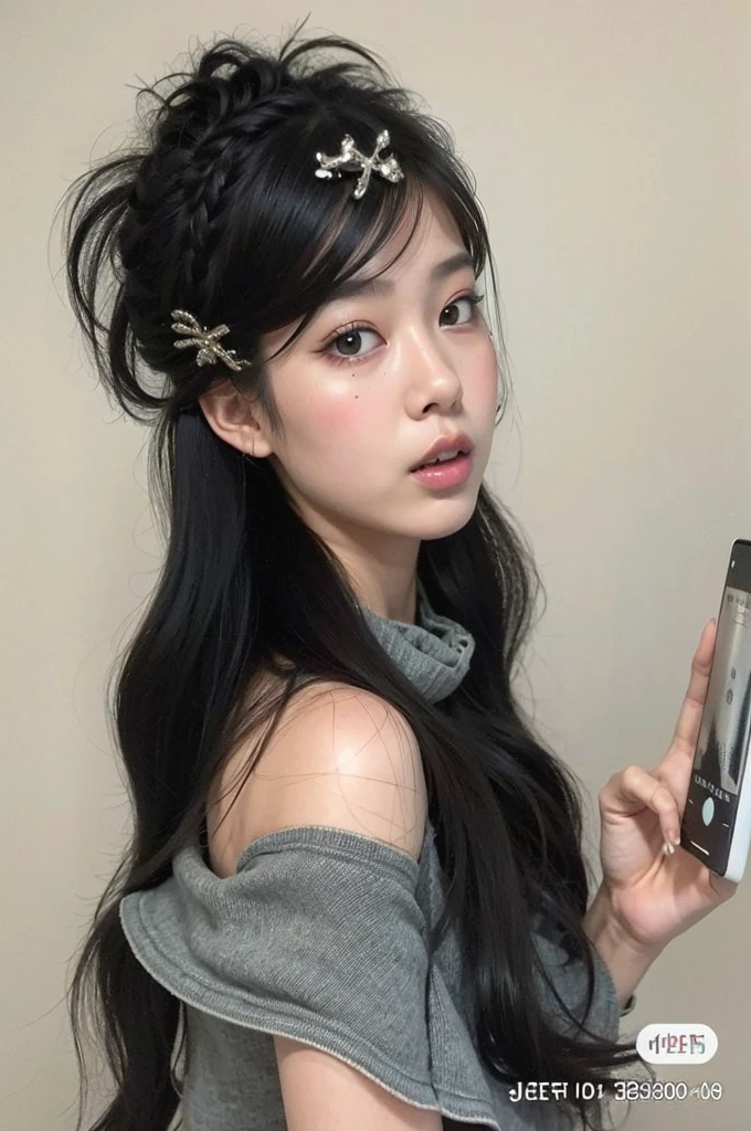 there is a woman holding a cell phone and wearing a bandana, cruel korean goth girl, Ulzzang, goth girl aesthetic, corte de cabelo preto hime, 1 7 Year Old Goth Anime Girl, Asian with long hair, with black braids, cabelo preto com franja, braids hairstyle, penteado com corte hime branco, 1 7 year old goth girl, Jennie blackpink