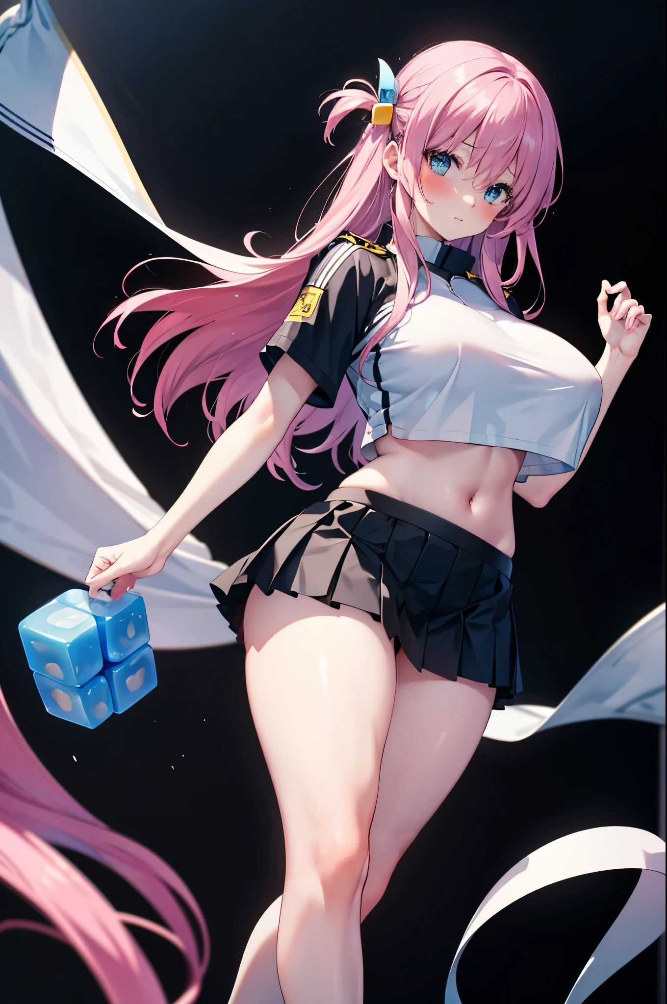 realistic image, coherent image, detailed image, 1 girl, long hair, pink hair, wearing hair accessories with blue and yellow cubes on the right side, light blue eyes, delicate oval face, blushing, wearing a crop top, pleated miniskirt, sports shoes, big breasts, curvy body, thick thighs, shy pose, black background, uniform bottom,