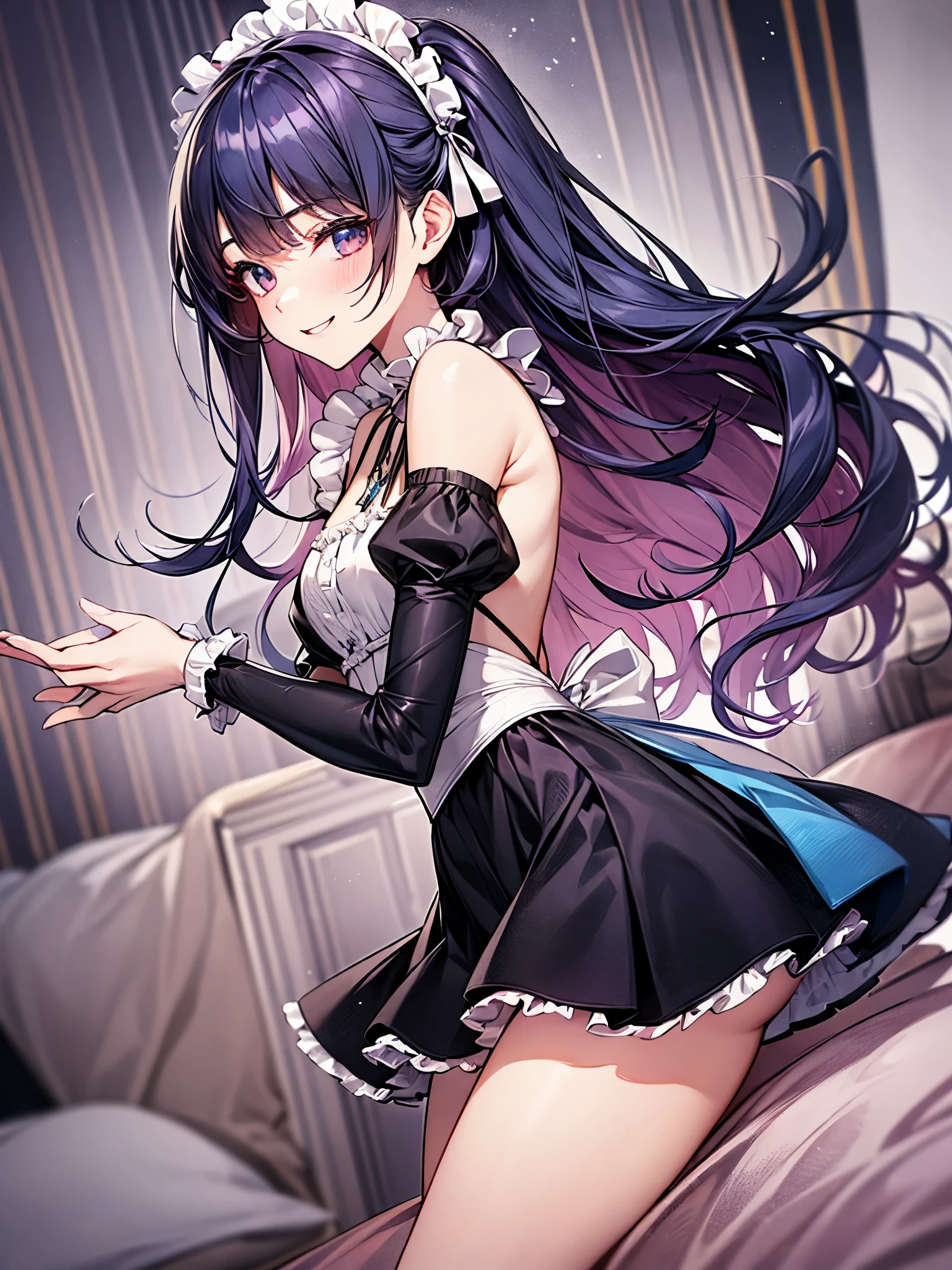 (((perfect human body:1.3)))、side view、Maid Outfit Cosplay:1.3,mini skirt、frills、smile、blush、20-year-old、Late night bedroom、colorful hair color、bangs bangs、cute、Fashionable、thighs