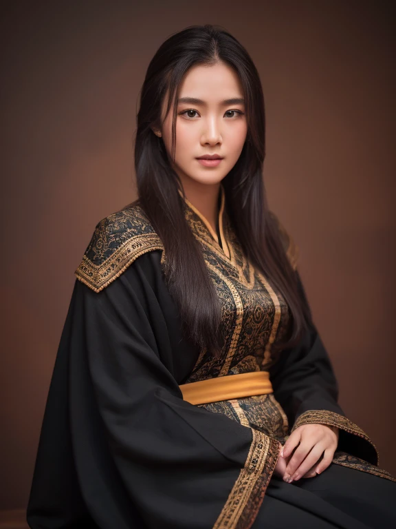 Mongolian beauties,Single eyelid girl,tall bone beauty,bust,mongol,Mongolian robes,sideways,Full body sitting,profile,Highly refined,Detailed hands,Painter John Singer Sargent portrait oil painting,Oil painting texture,Dark color background,Textured,Concise background,oil paint strokes,Ray tracing,Shoot at eye level,Ultra HD image, masterpiece,textured skin, 4K HD,best quality