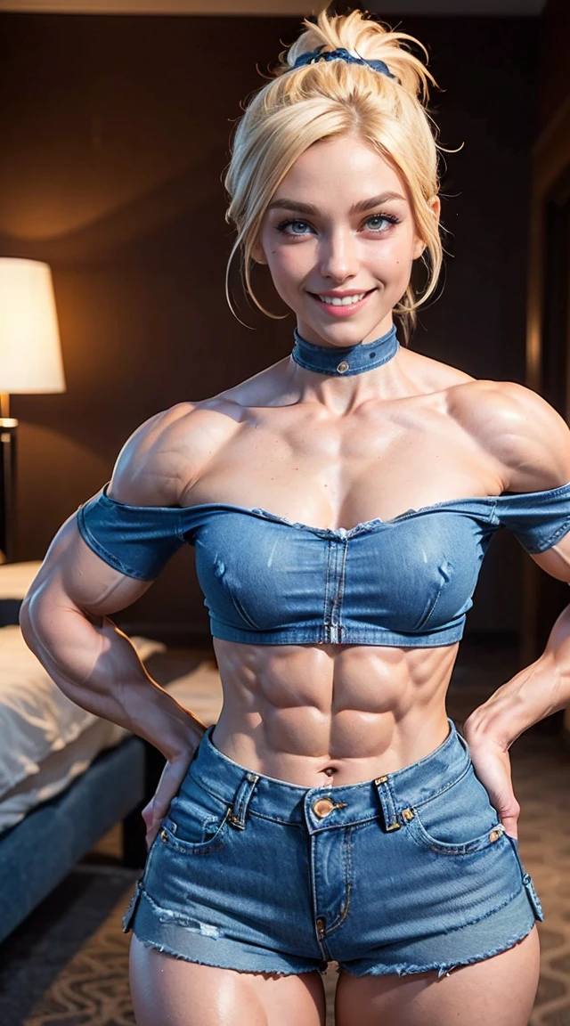 (Muscular:1.9), ((thick muscular thighs, wide hips:1.8)),blonde female, redheaded female,(short hair:0.5),(wearing glasses), earings, eyeshadow, lipstick, bokeh, (freckles:0.9), eight pack abs, (upper body view:1.2), (striations), (hard protruding nipples:1.5), (perky breasts:1.4), choker, (High-waisted denim shorts with a cropped, off-the-shoulder peasant top:1.8), (sculped muscles: 1.4), detailed eyes, (athletic body:1.3), (muscular body:1.9), (looking at viewer), (smile:1.5), dark bedroom, (nighttime), thigh high socks, rim lighting, two tone lighting, dimly lit, clean skin, low key (DETAILED SKIN)